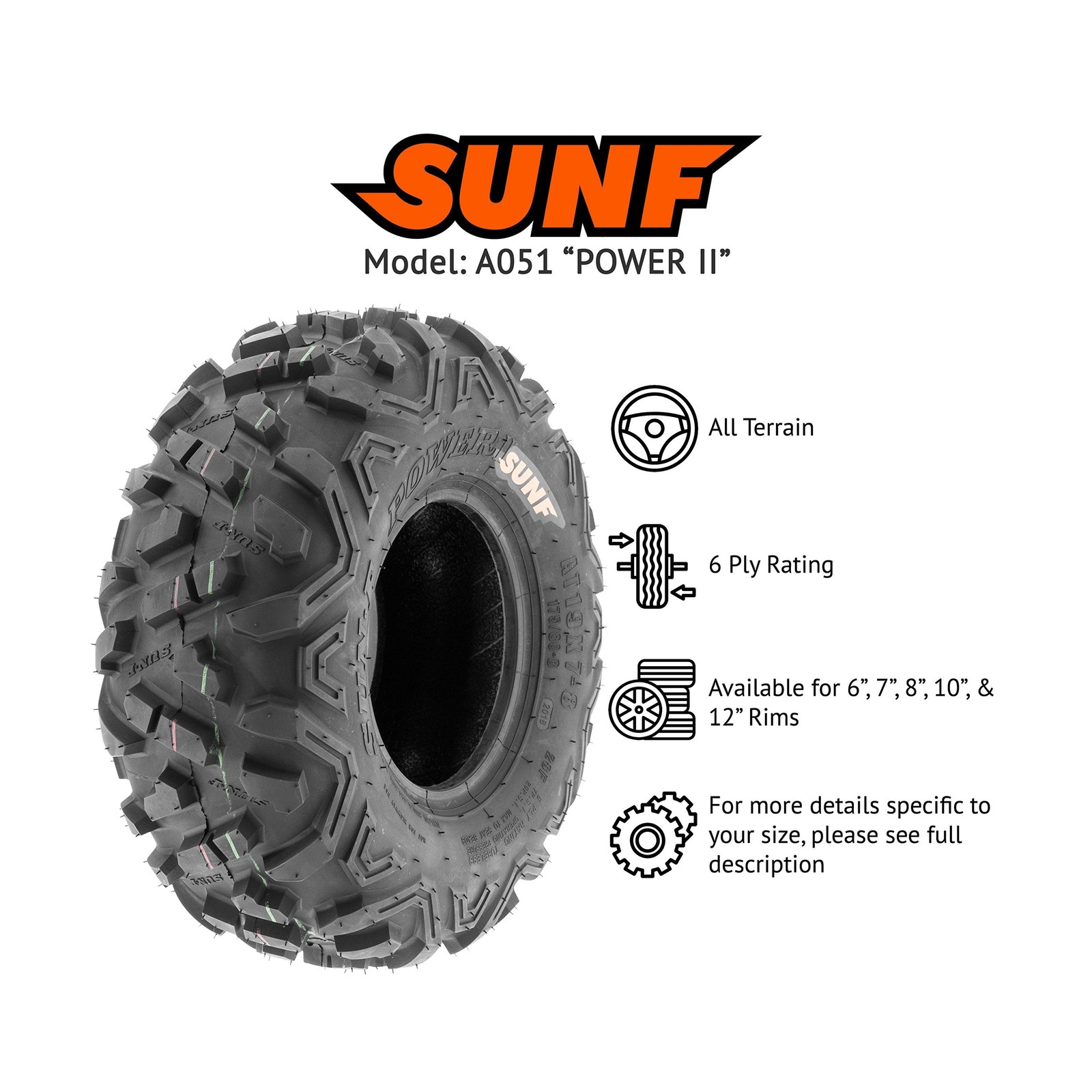 SunF 145/70-6 16×8-7 All Terrain Tires ATV UTV 6 PR POWER II A051 – BUNDLE