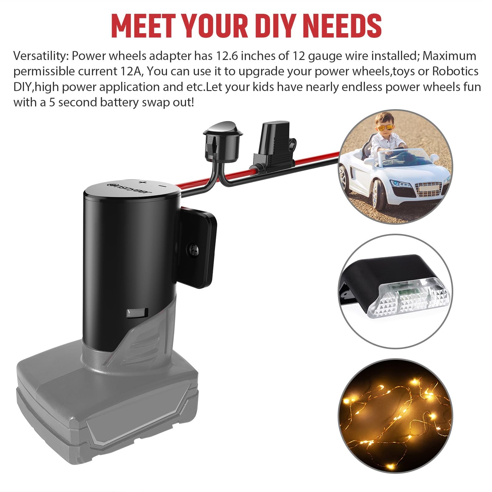 Power Wheel Adapter with Fuse & Switch, Secure Battery for 12V 1 Pack