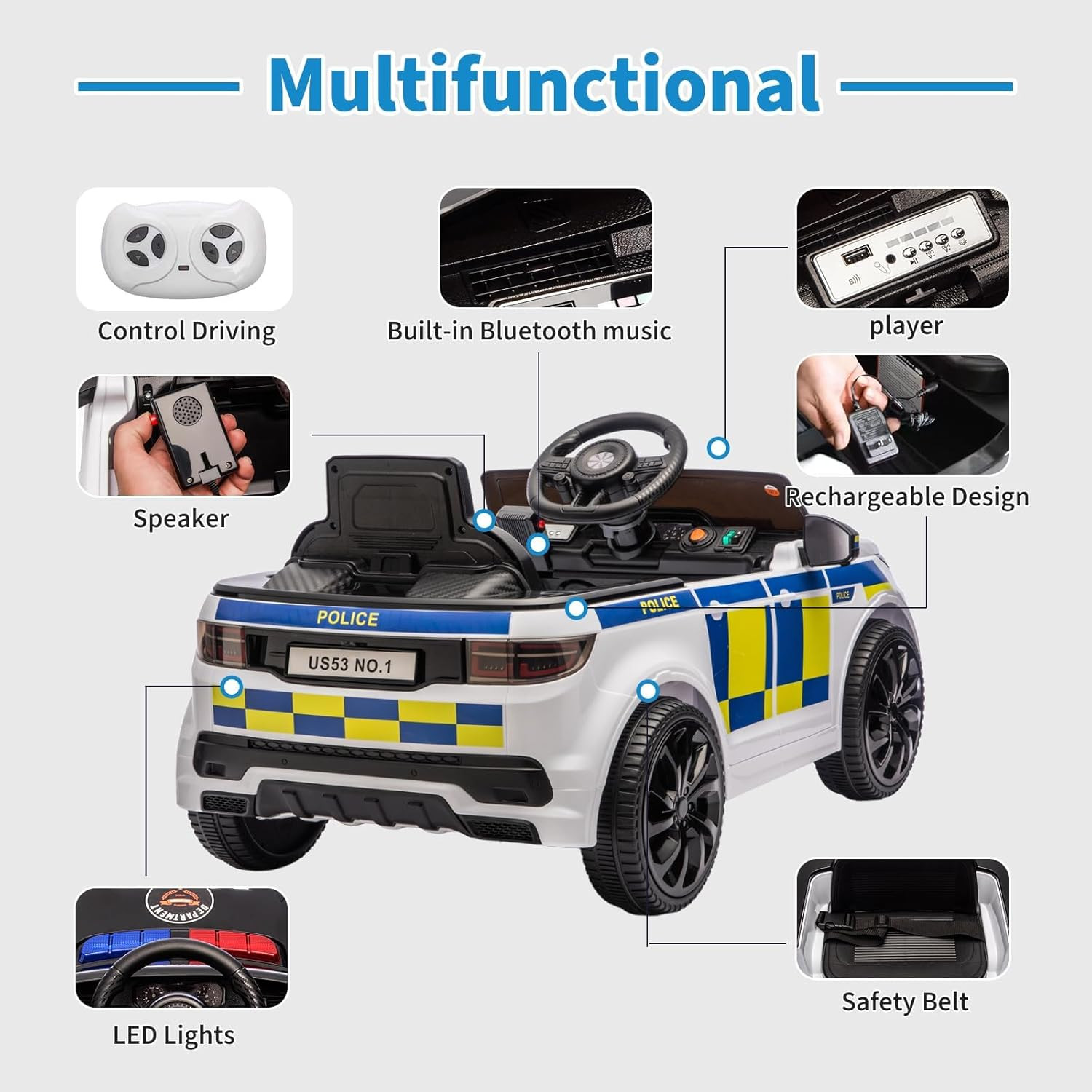 12V 4.5Ah Kids Electric Police Car Ride on with Remote Control, LED Flashing Lig