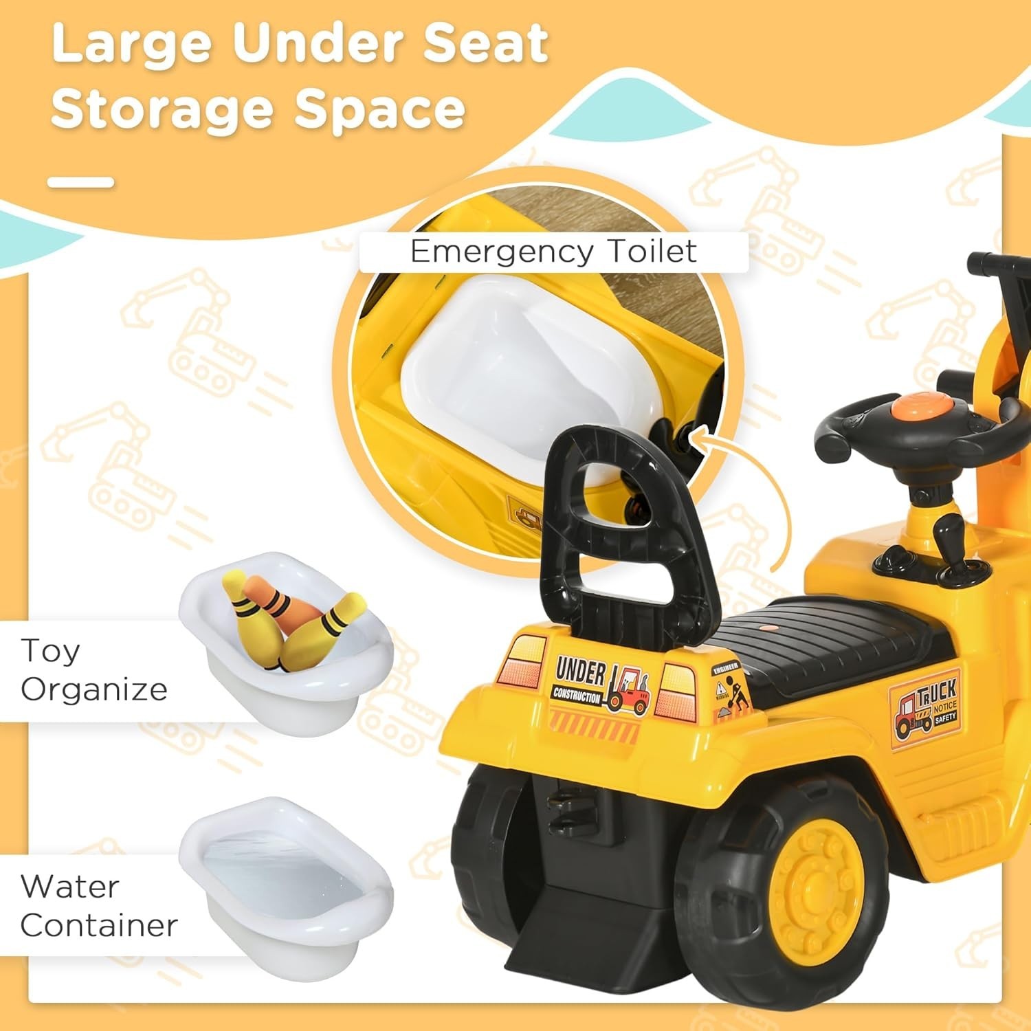 Imaginative Play Excavator Ride On Toy with Front Loader & Storage for Toddlers
