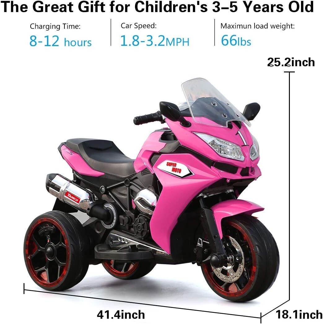 12V Kids Electric Motorcycle 3-5KM/H 3-6 Years Old (43-55 in),Pink