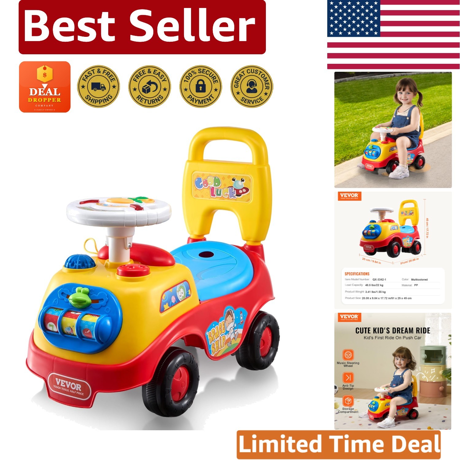 Durable Push Car for Kids – Supports 48.5 lbs with Fun Music & Safety Features