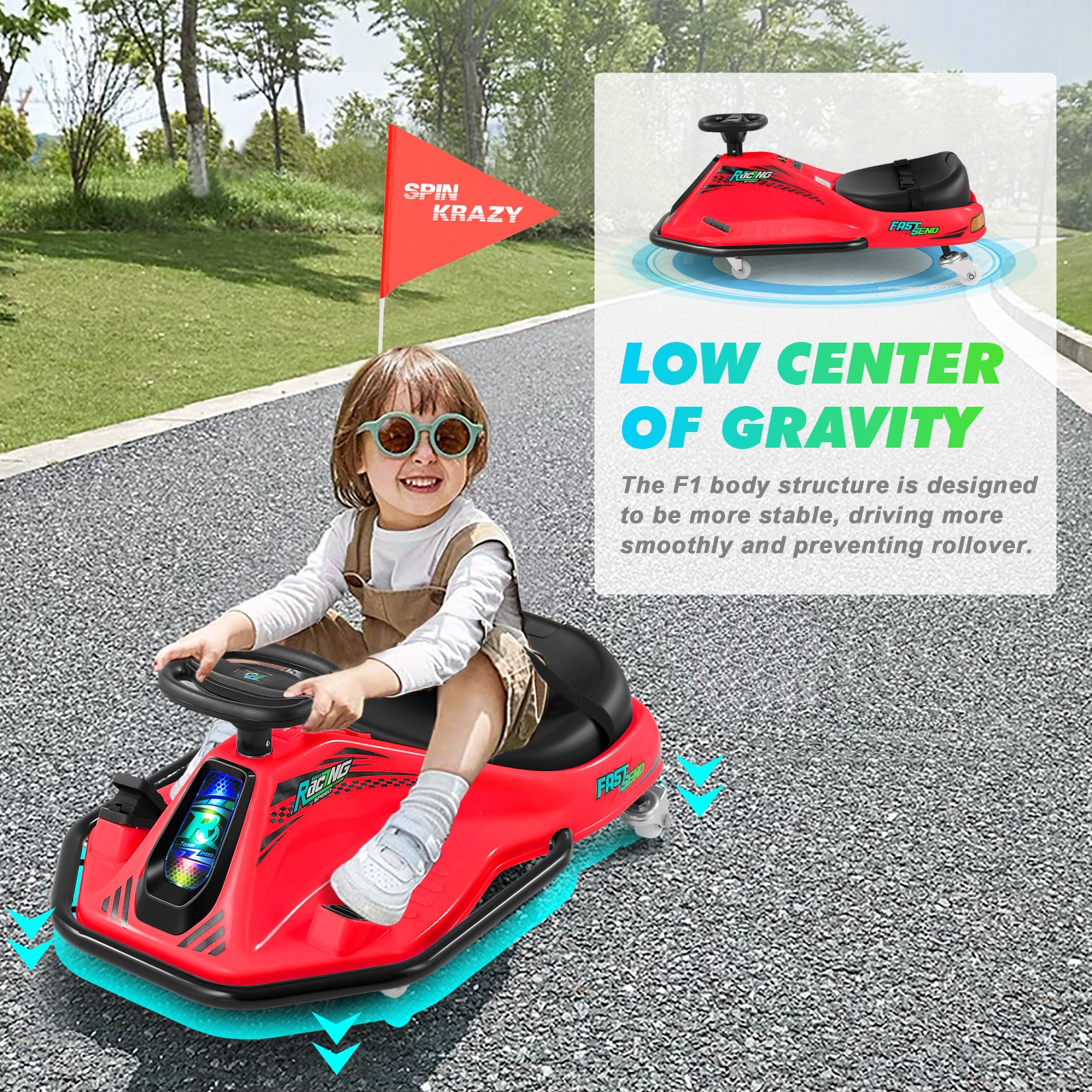 24V Kids Red Drifting Go Kart 360° Ride On Cart with Bluetooth
