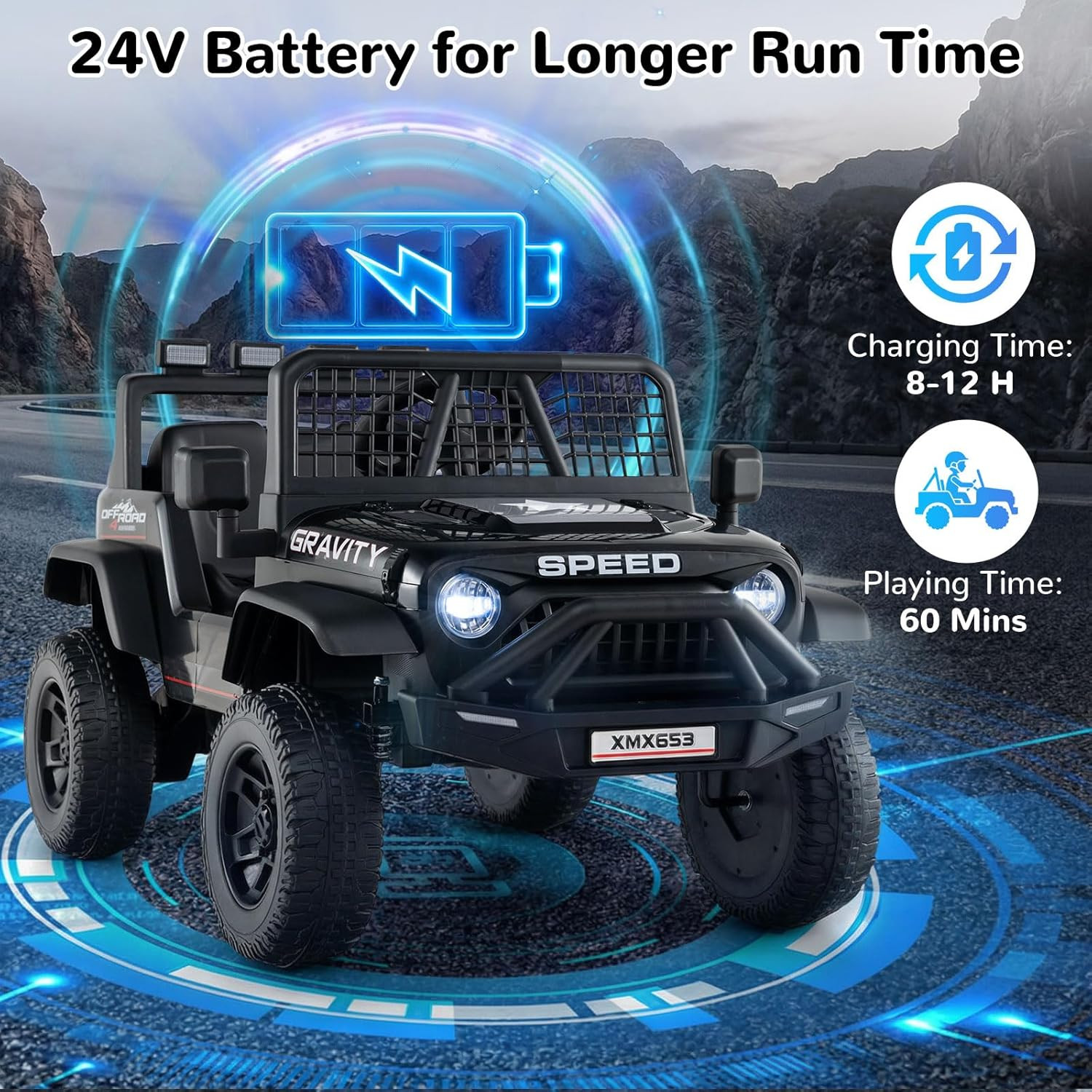 24V Ride on Car with Remote Control, Bluetooth, LED Lights, Horn, Spring Suspens