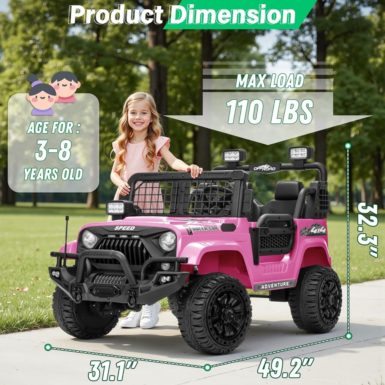 24V 4WD 2-Seater Ride On Truck 800W 9AH RC Bluetooth 3-Speed 4-Wheel Suspension