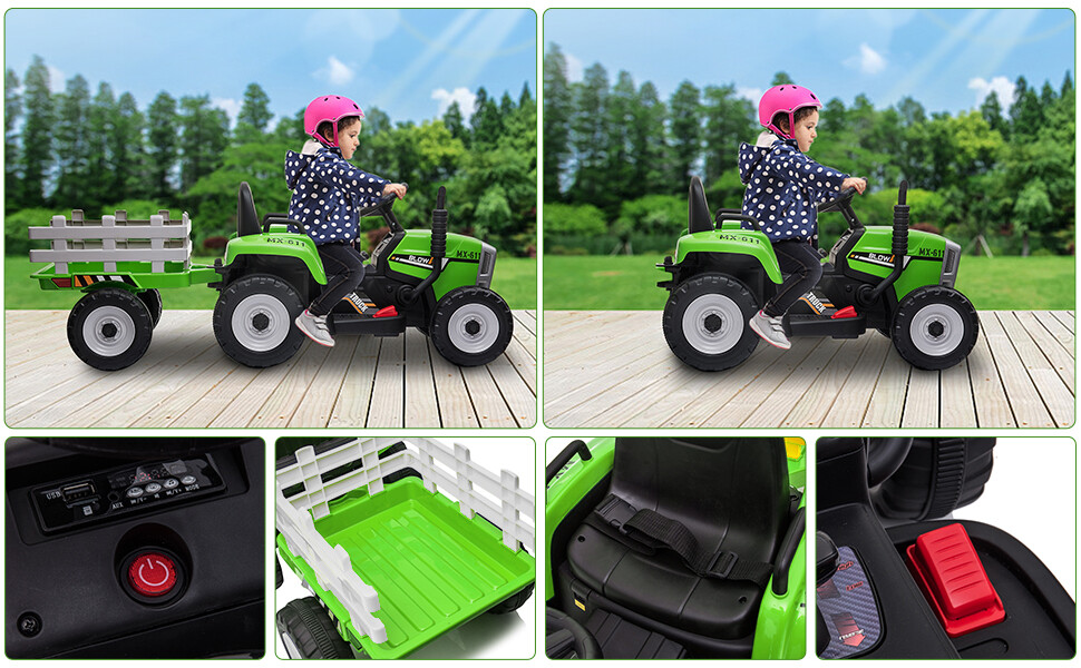 12V Kids Ride-On Tractor Car Toy Battery-Powered w/Remote Control+ Trailer Green