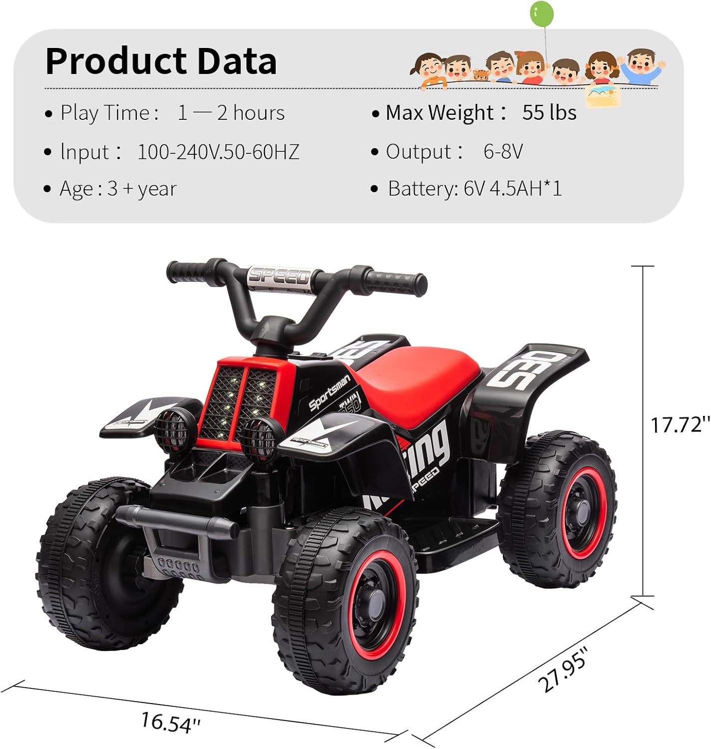 Electric Ride on ATV for Kids, 6V 4.5AH Long-Lasting Battery, Positive Energy Ch