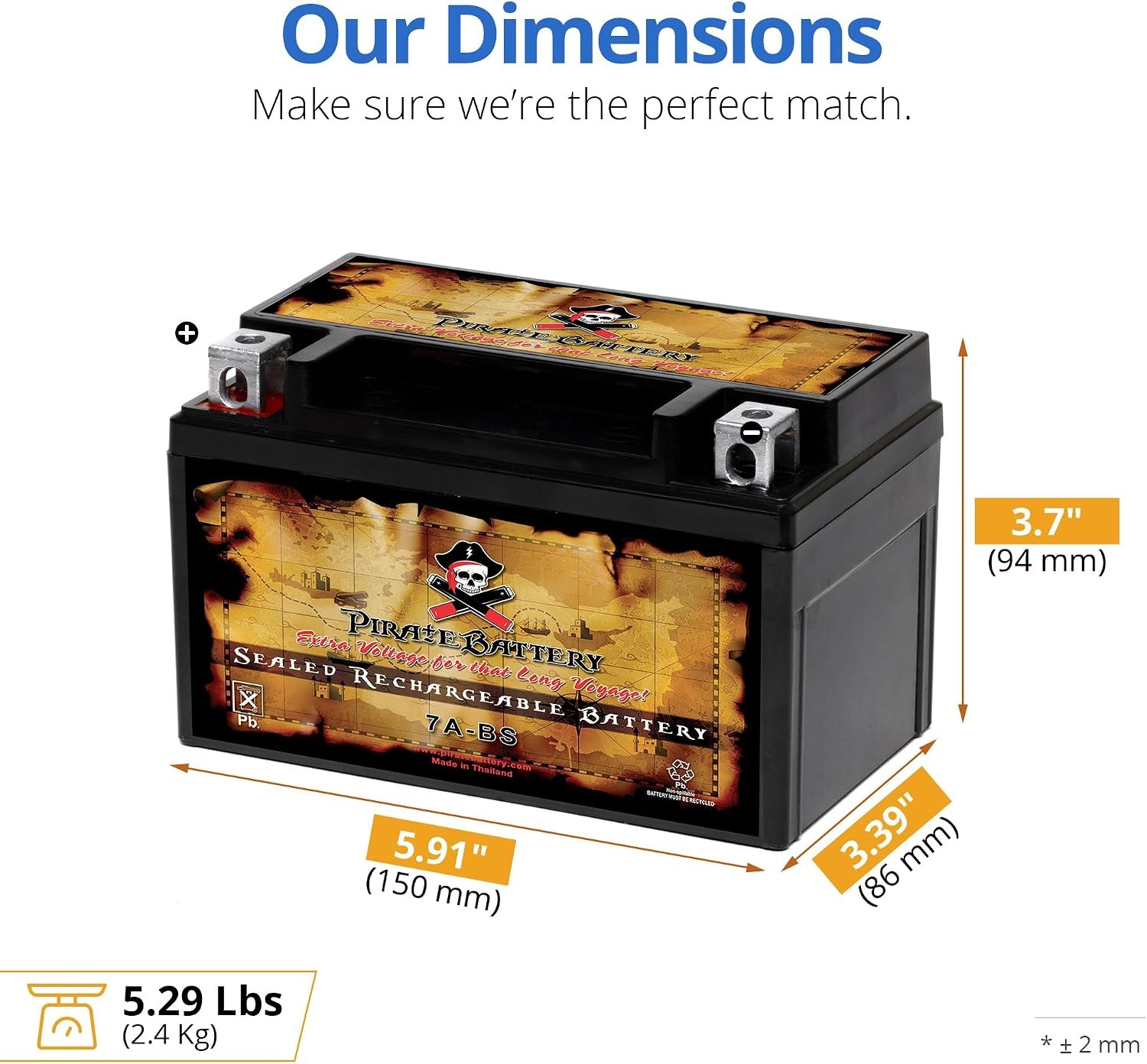 Pirate Battery YTX7A-BS 12V 90 CCA AGM – Maintenance-Free 6 Ah Battery for ATV,