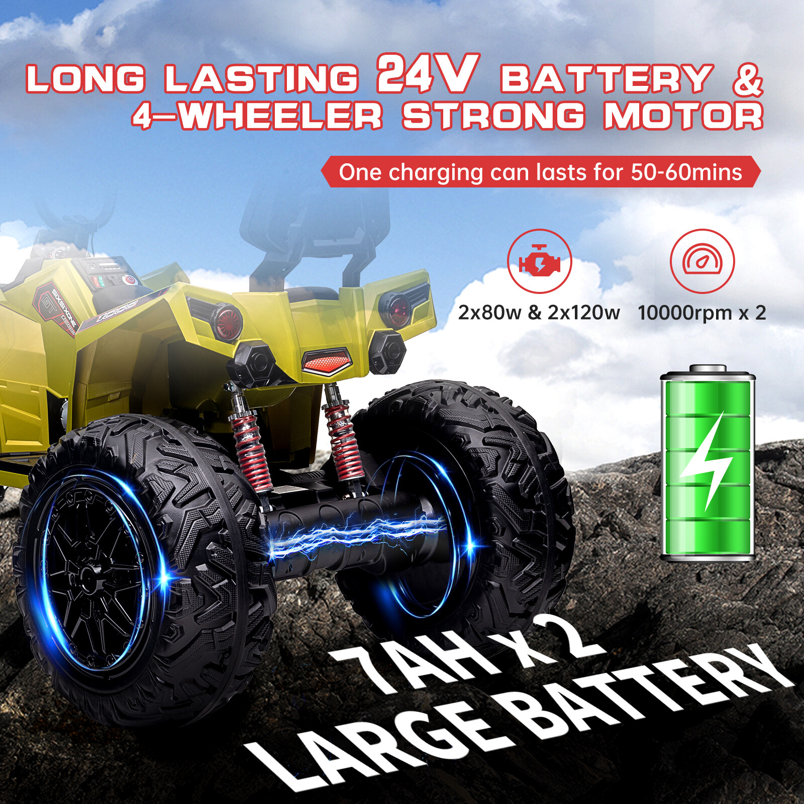 24V Kids ATV Ride on Car 4WD Quad Electric Vehicle w/EVA Tire Accelerator Handle