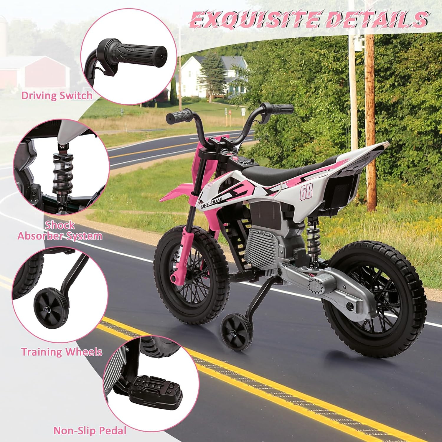12V Kids Electric Dirt Bike with Training Wheels, Twist Grip Throttle, 3 Mph Max