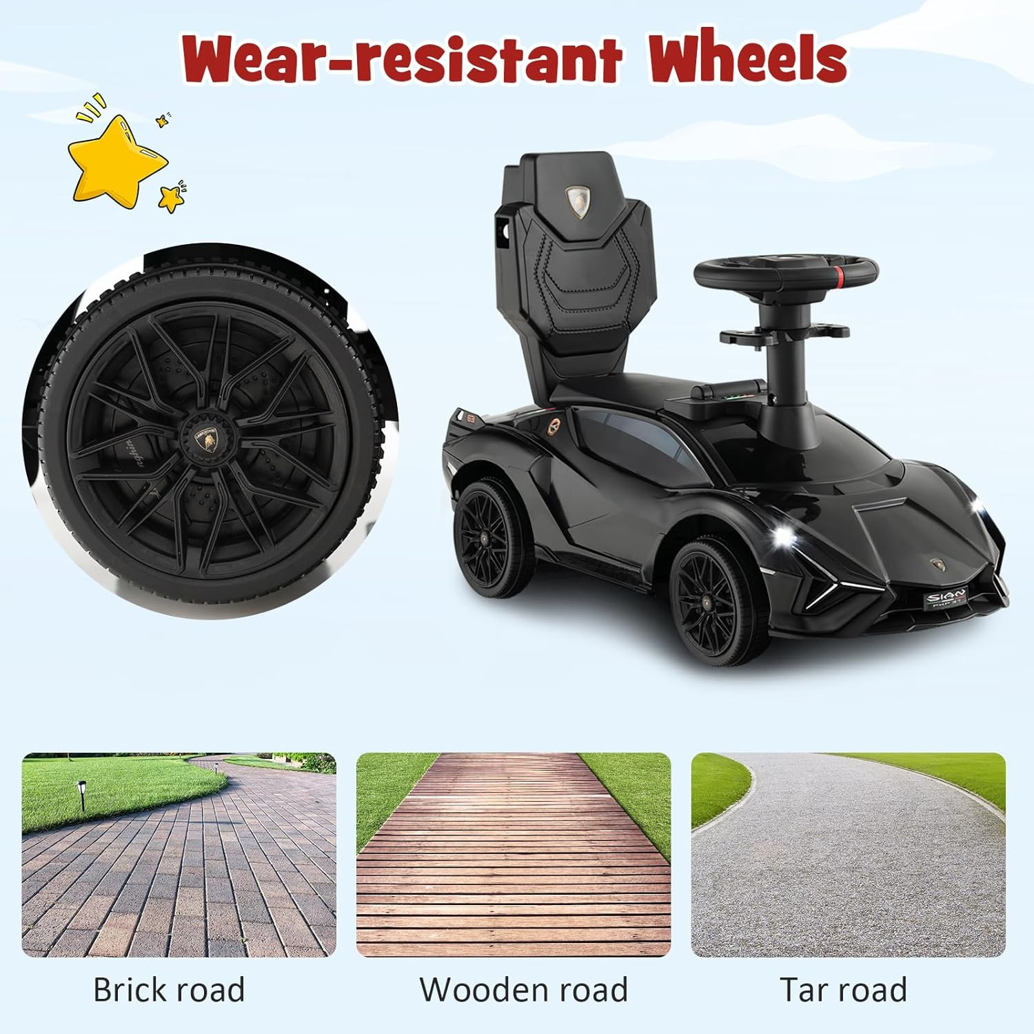 3 in 1 Ride on Push Car, Licensed Lamborghini Baby Stroller Sliding Walking Car