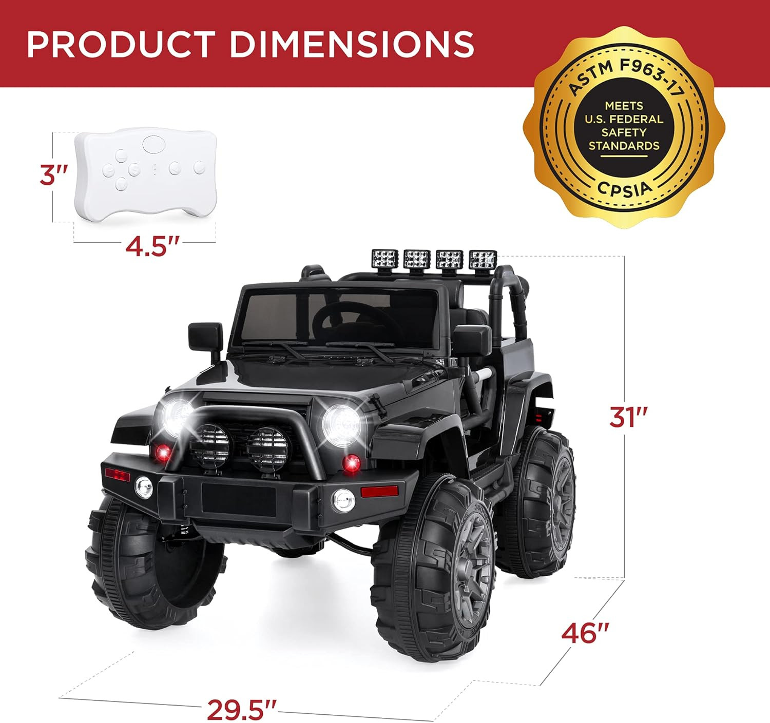 12V Kids Ride-On Truck with Remote, 3 Speeds, LED Lights, Bluetooth – Black