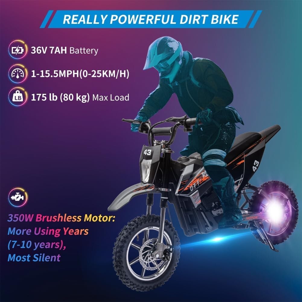 36V Electric Dirt Bike for 6+ Year Kids Ride on Motorcycle 350W Brushless Motor