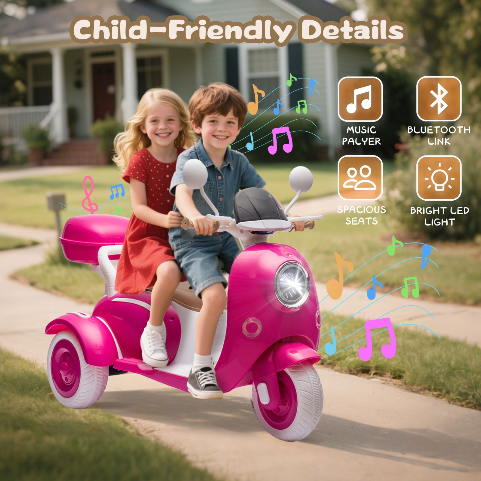 12V Ride on toys Kids Electric Motorcycle 2 Seater w/Bluetooth,LED, Rose Red