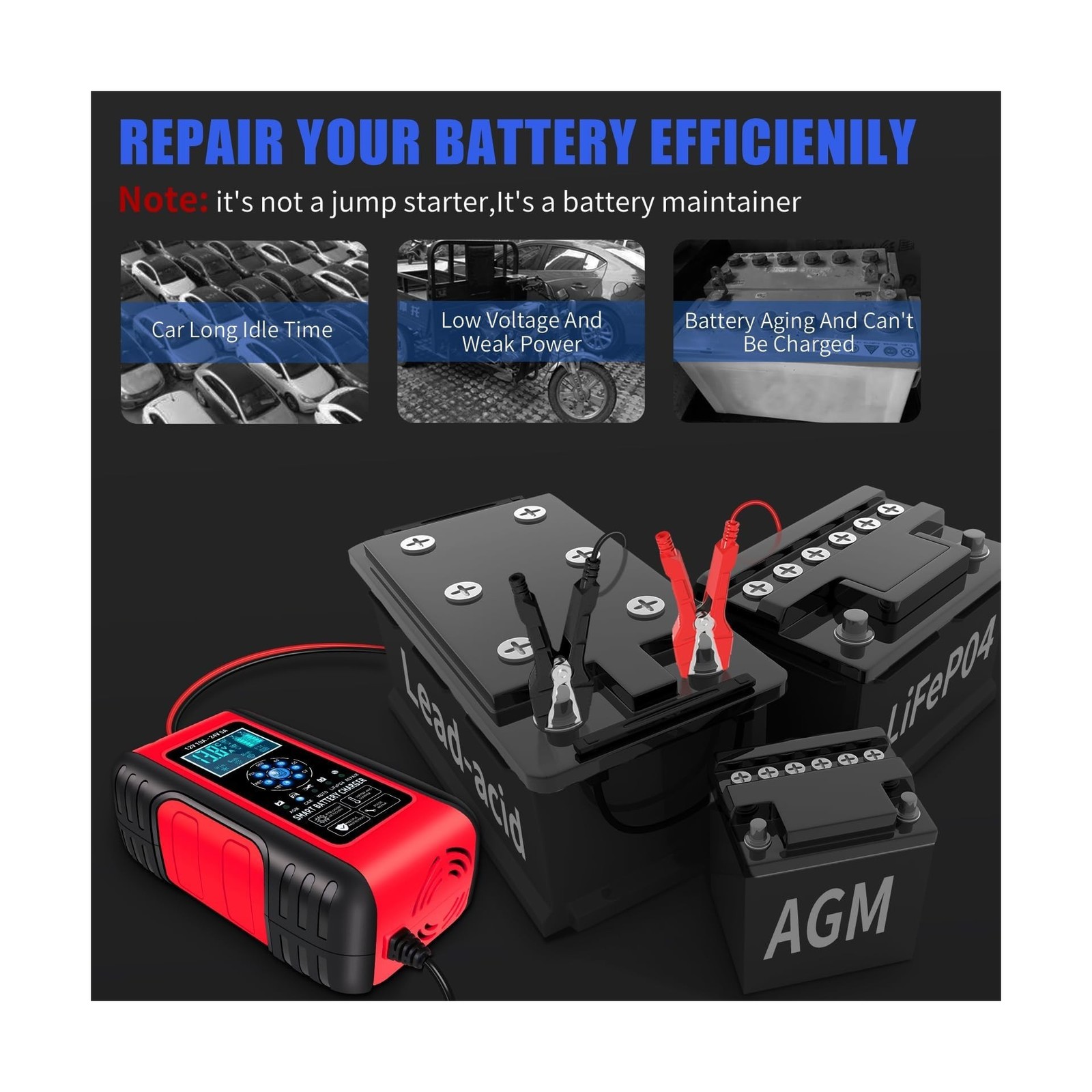 E-FAST Battery Charger 10-Amp 12/24V LiFePO4 Lead Acid Fully Automatic Batter…