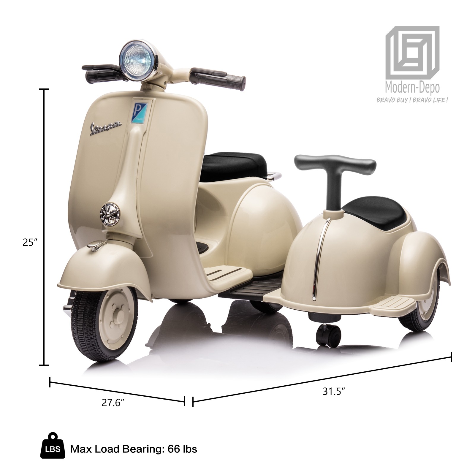 Licensed Vespa Kids Ride On Car Motorcycle w/ Side Car&Light, 2 Seater Toy Car
