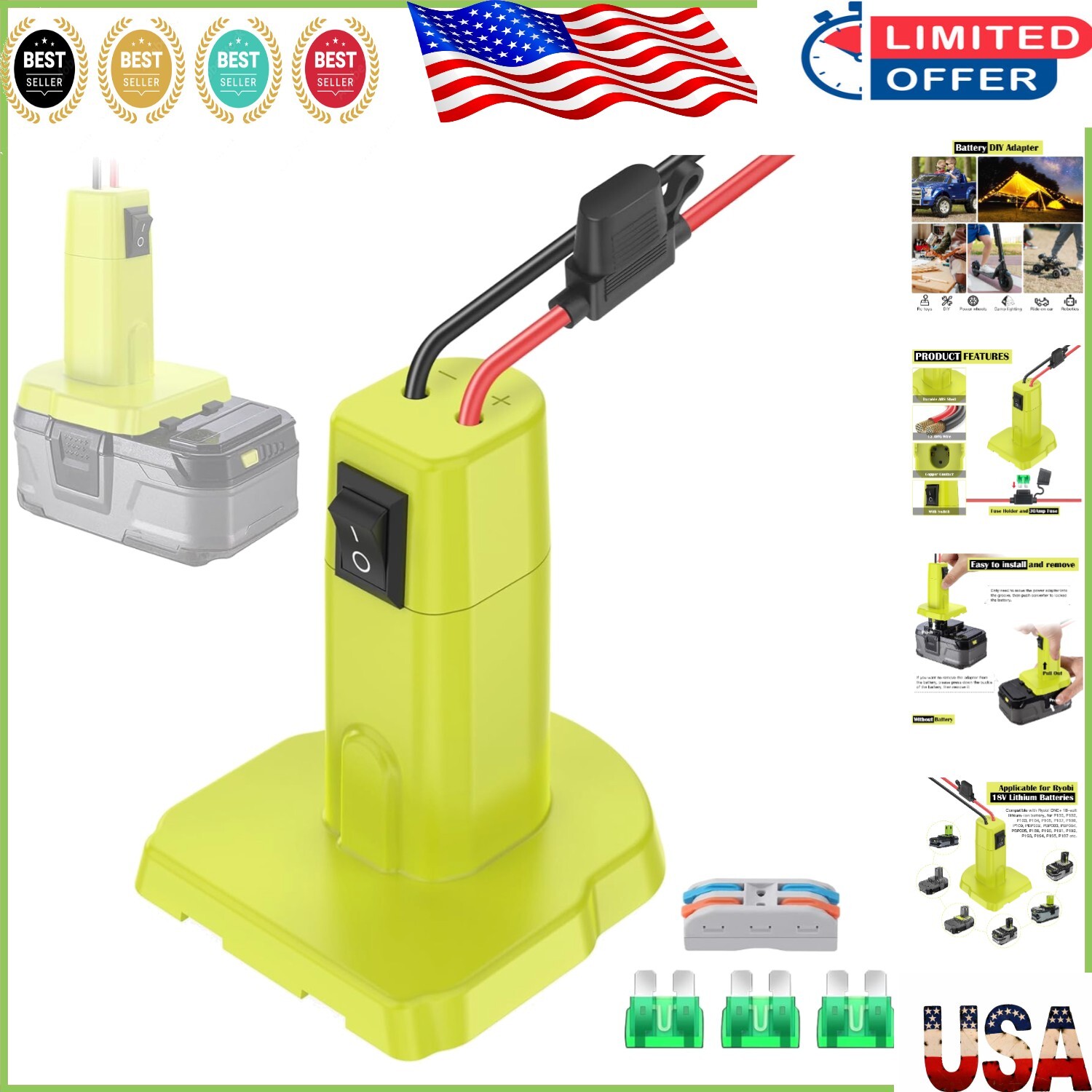 Ryobi 18V Power Wheels Battery Adapter Kit – 30Amps, 12AWG Wire, Switch Included