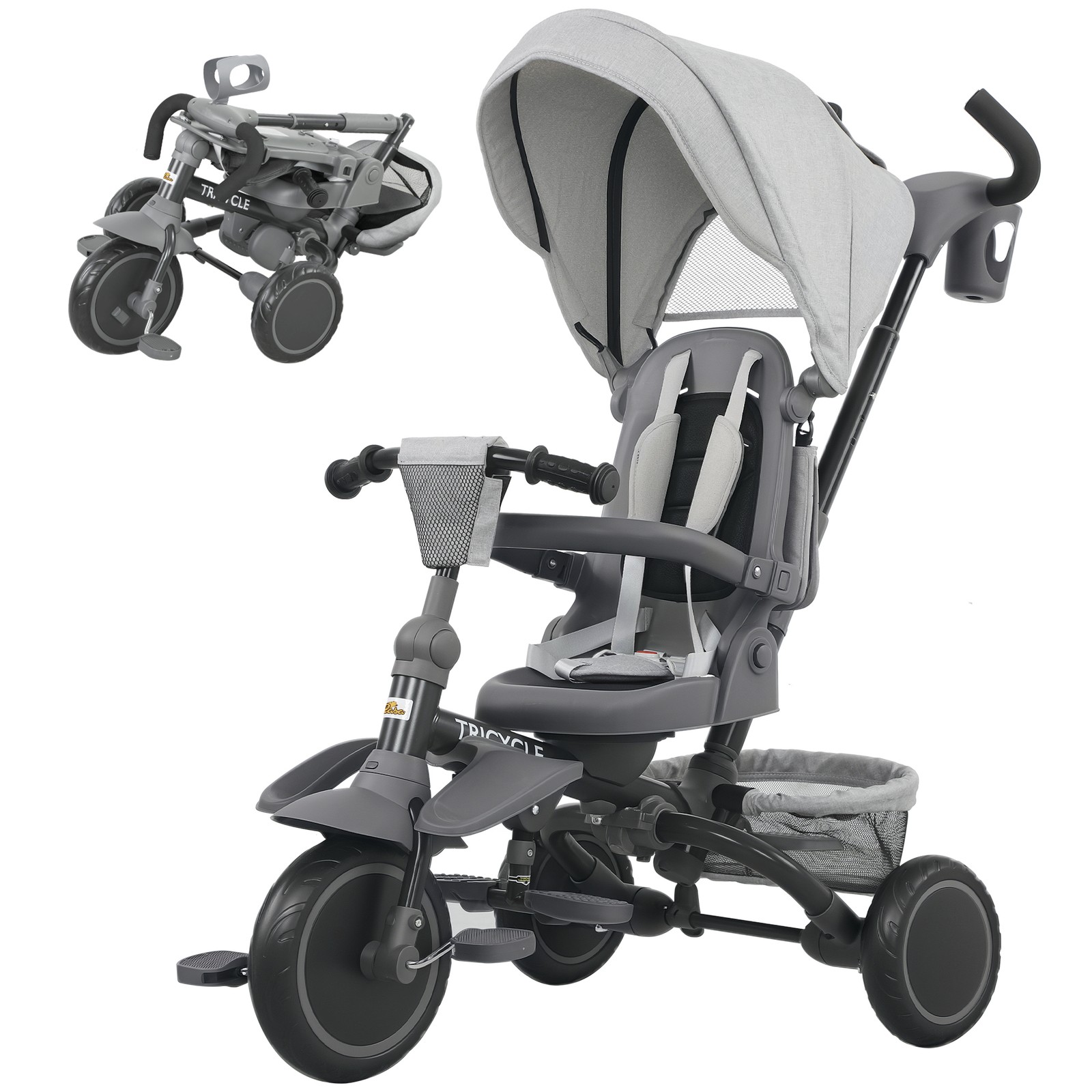 6 in 1 Kids Tricycle with Adjustable Push Handle for 1-5 Years, Gray