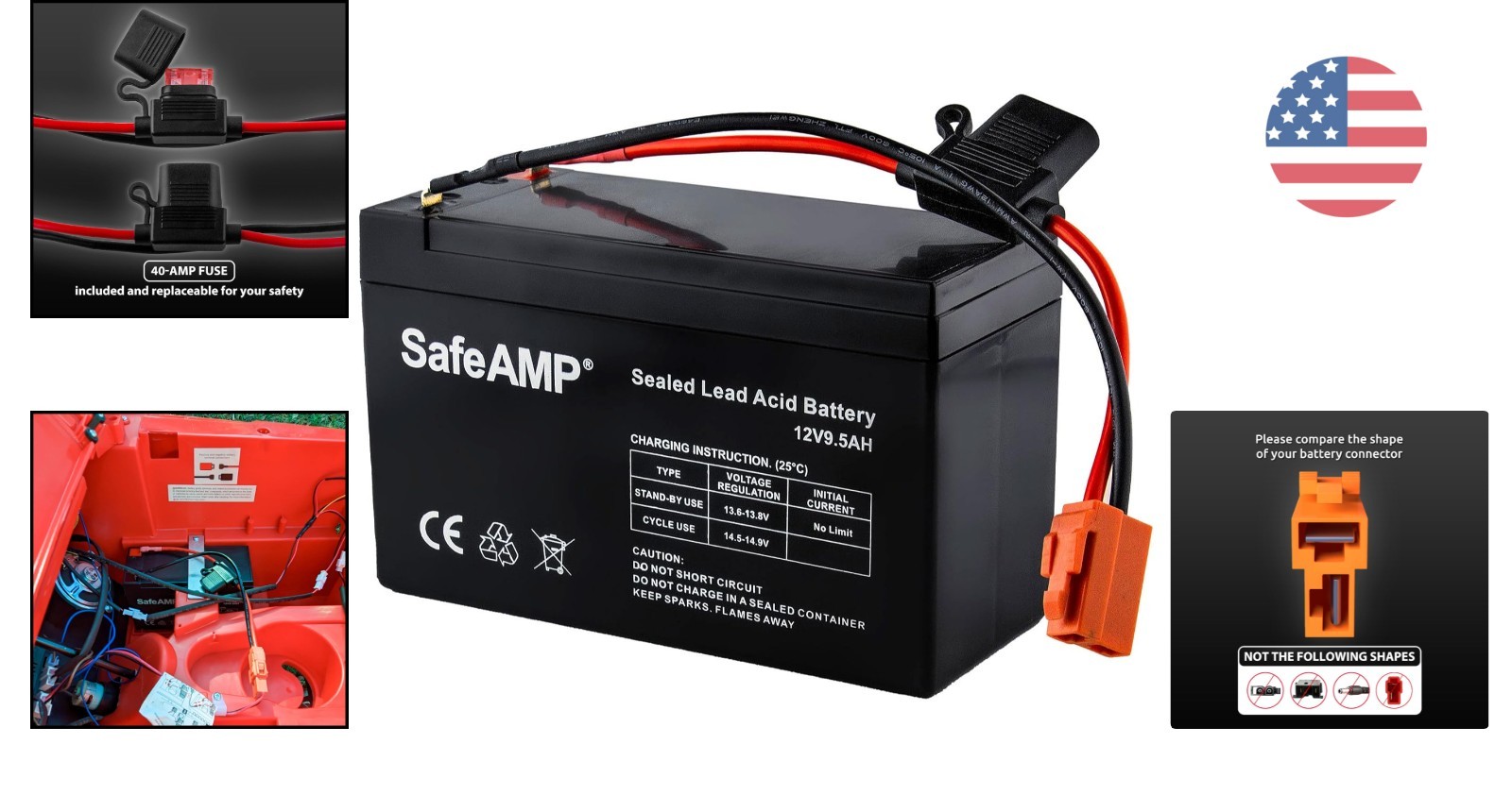 12V 9.5AH SLA Battery for Ride-On Vehicles with RED 2-PIN Connector – Verify Fit