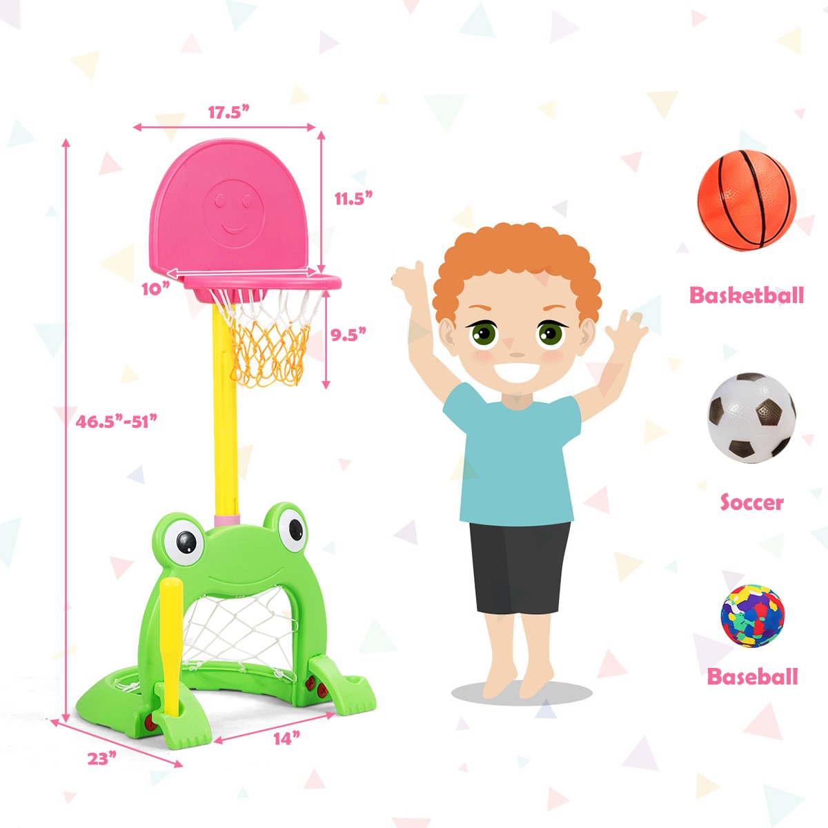 3-in-1 Kids Basketball Hoop Set Stand Adjustable Sports Activity Center w/ Balls