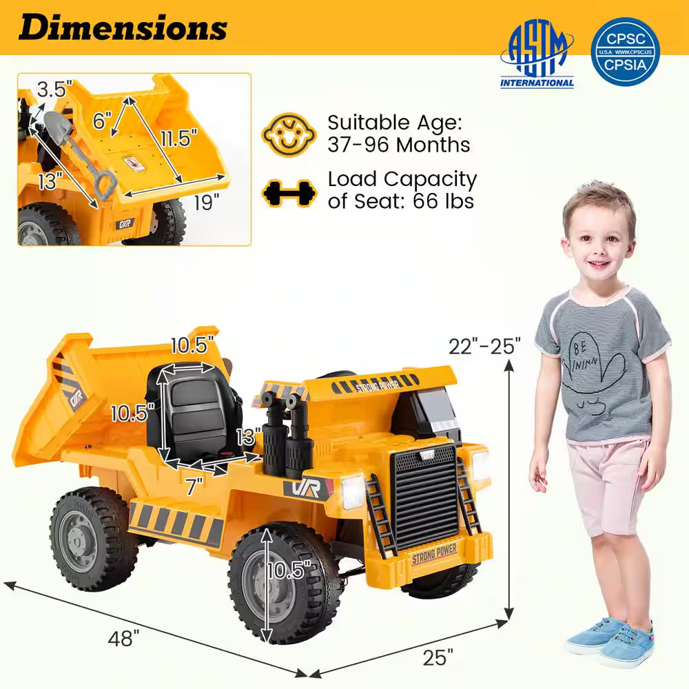 Kids Ride on Dump Truck 12-Volt Ride on Car with Electric Dump Bed 2.4G Remote C