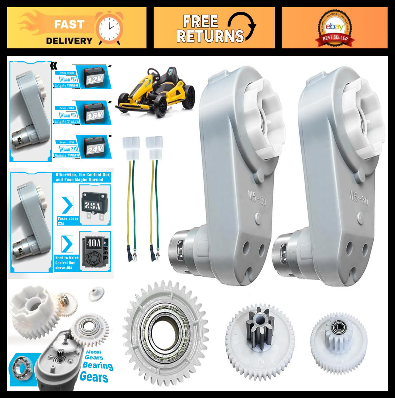 24V RS775 Fast Motor Gearbox Pair for Power Wheels Upgrade – 12V-24V High Torque