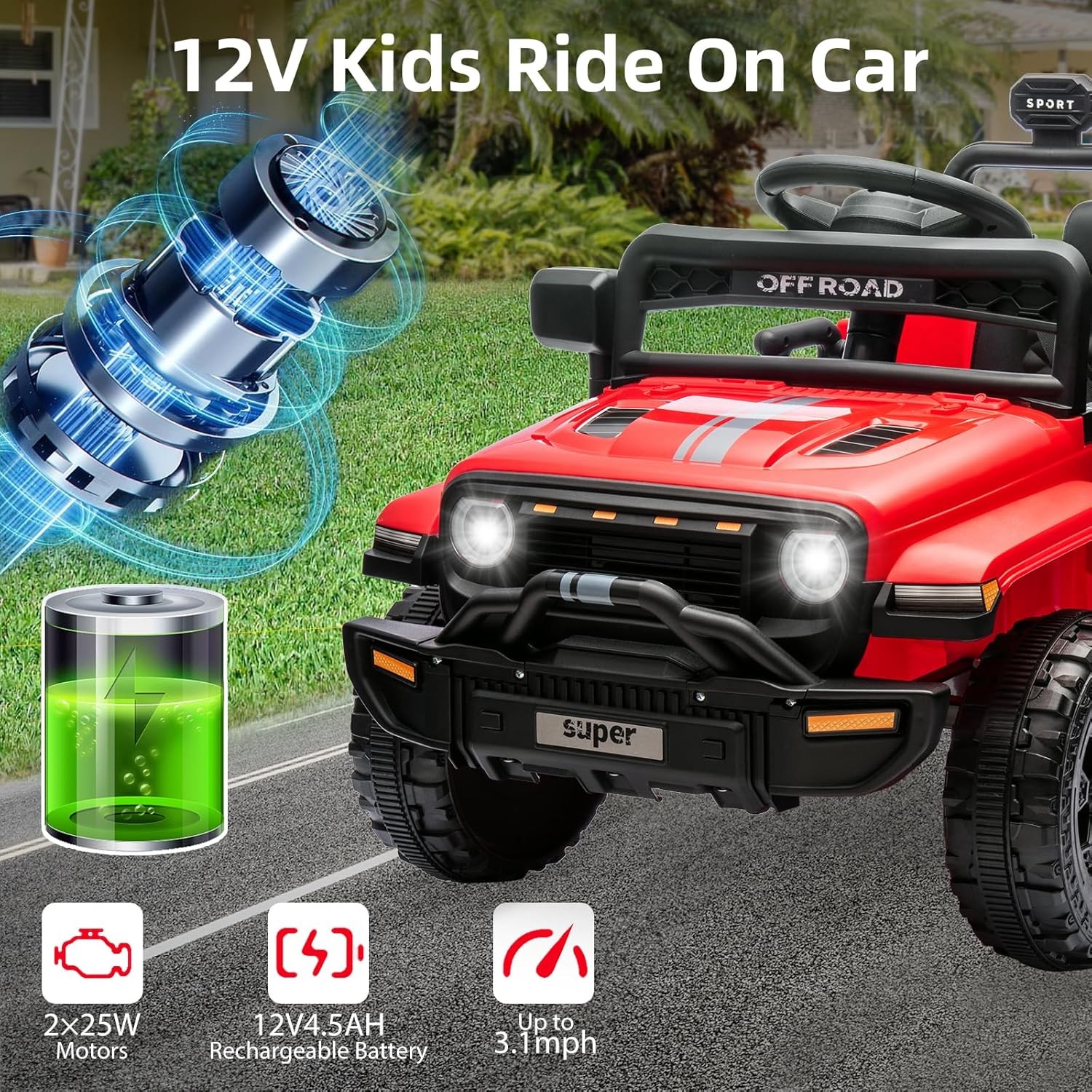 12V Kids Ride On Truck w/ Remote, 2 Speeds, Spring Suspension, LED Lights – Red