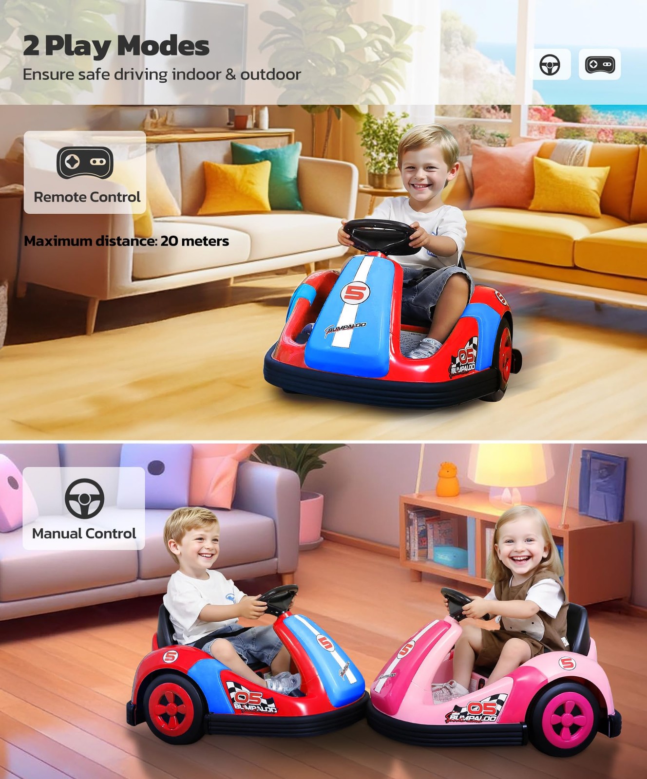 ELEMARA Bumper Cars for Kids with Big Wheels, 2.2 Mph, 12v Electric Ride On Toys