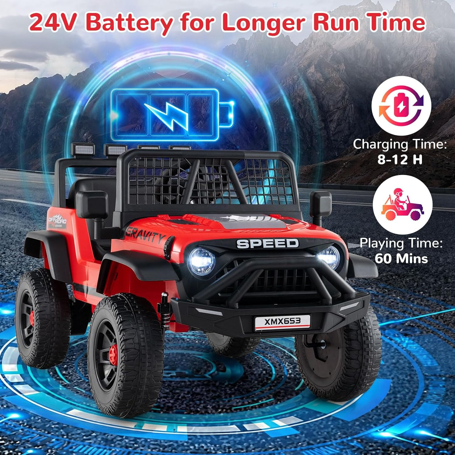 24V Ride on Car with Remote Control, Bluetooth, LED Lights, Horn, Spring Suspens
