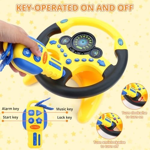 Kids Backseat Steering Wheel Toy with Lights & Music – Pretend Driving Gift (Yel