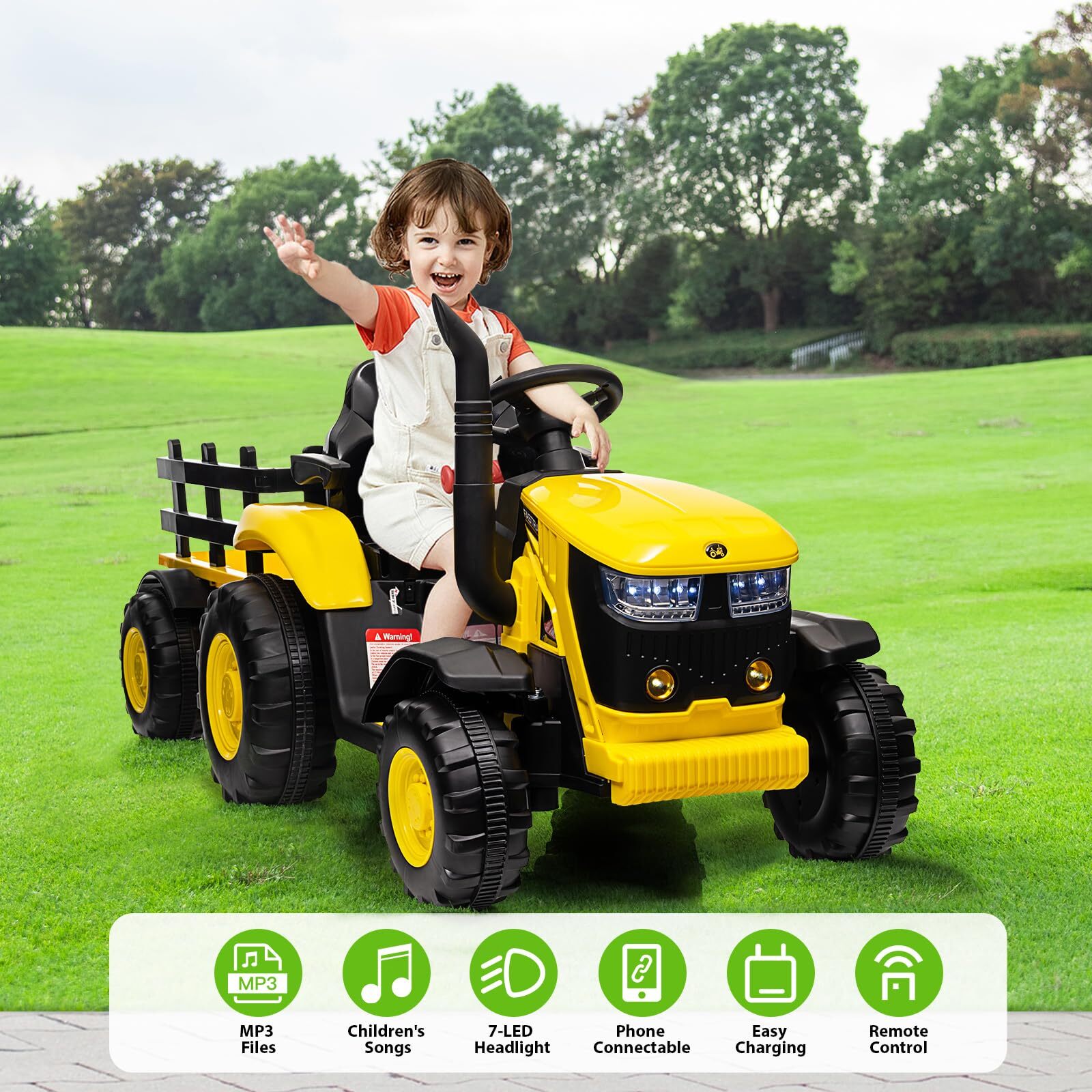 Electric Kids Ride-On Tractor with Trailer Dual Motors Led Lights Music Mode