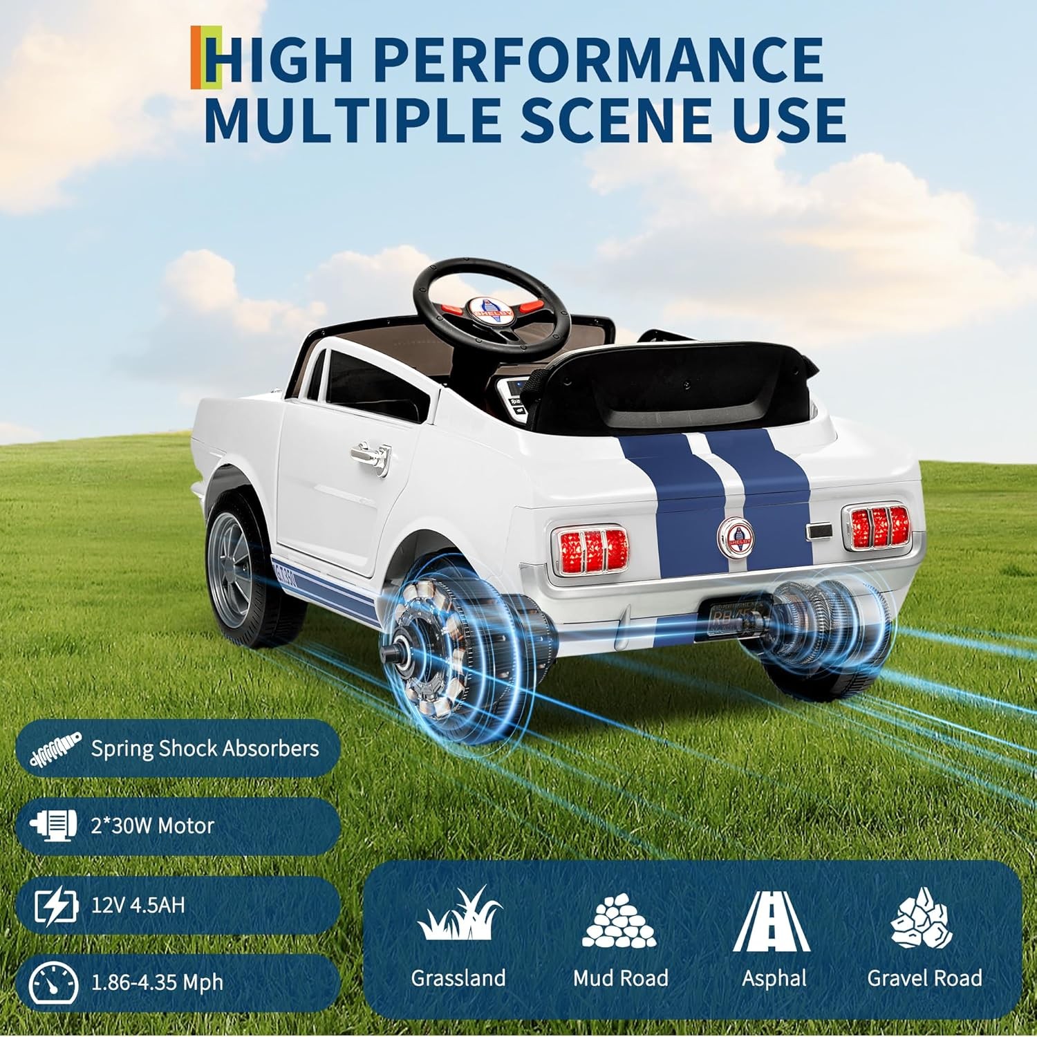 12V Electric Ride On Car for Kids, Remote Control, LED, Music, 3 Speeds, Safety