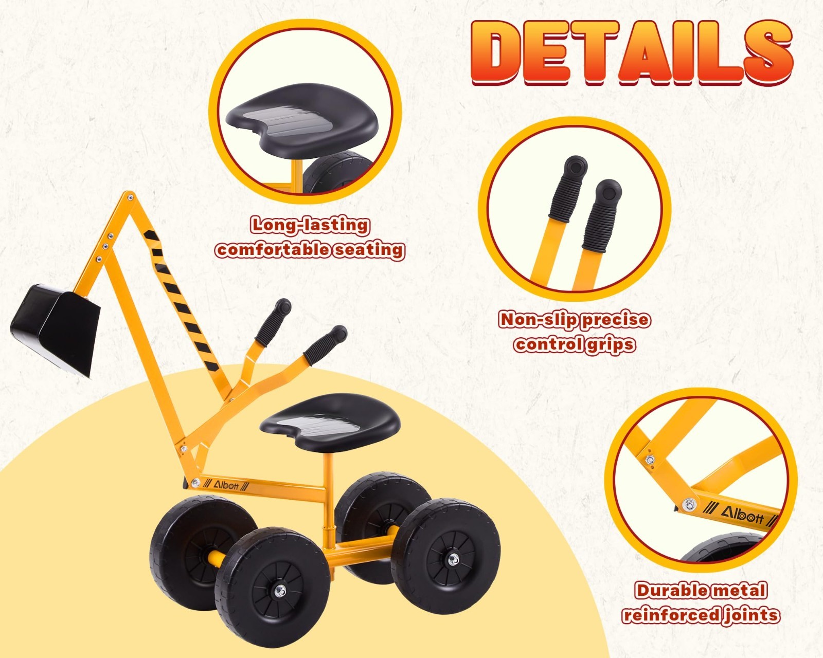 Ride-On Sand Digger Excavator Toy with 360° Rotating Seat & 8″ Wheels – Yellow
