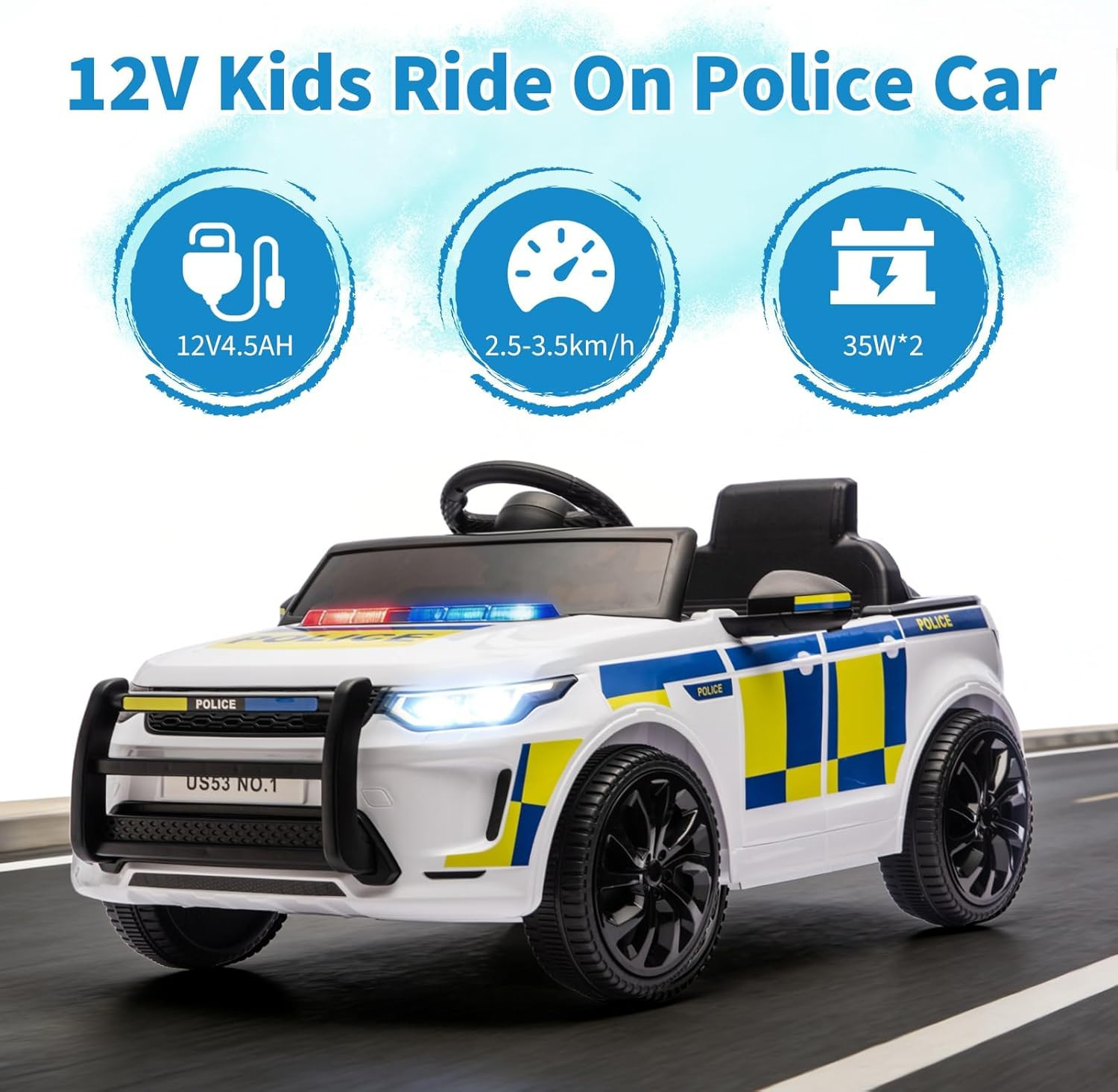12V 4.5Ah Kids Electric Police Car Ride on with Remote Control, LED Flashing Lig