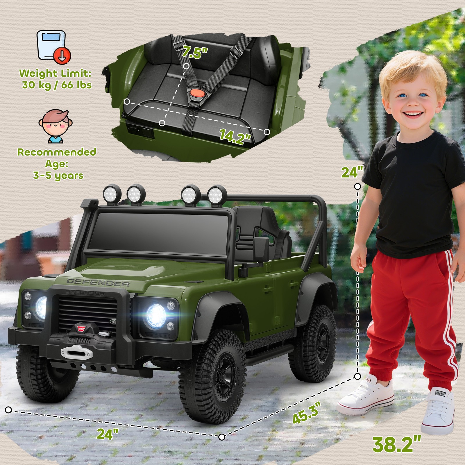 Kids Electric Car, Land Rover Licensed Off-Road Ride On Car, Green