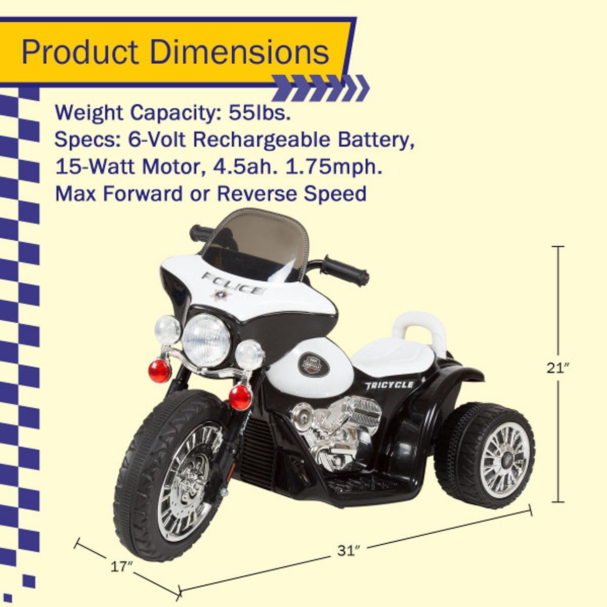 Kids Motorcycle – 3-Wheel Ride on Toy with Police Decals, Reverse, and Headli…