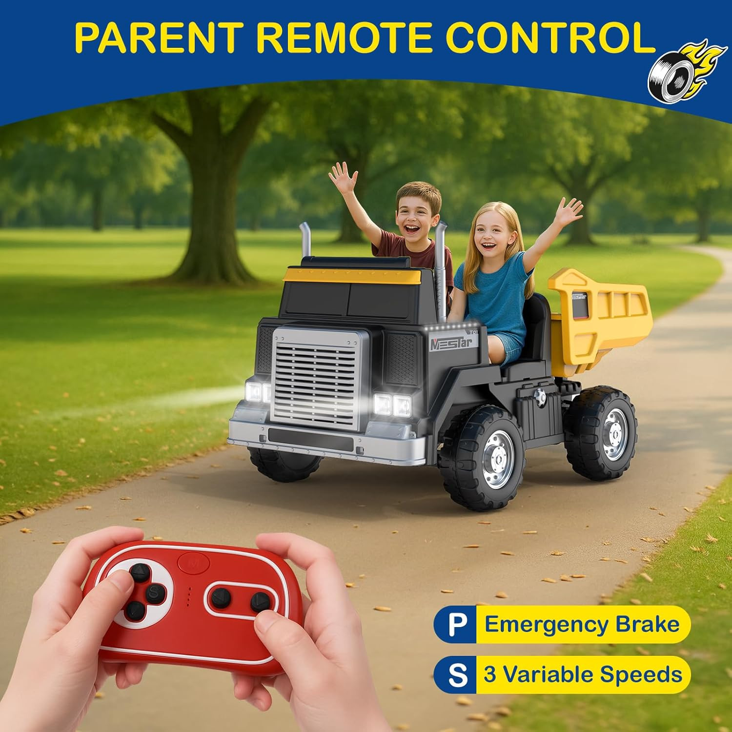 OP60 24V 2-Seater Ride on Dump Truck for Big Kids, 2X200W Powerful Rear Motors,