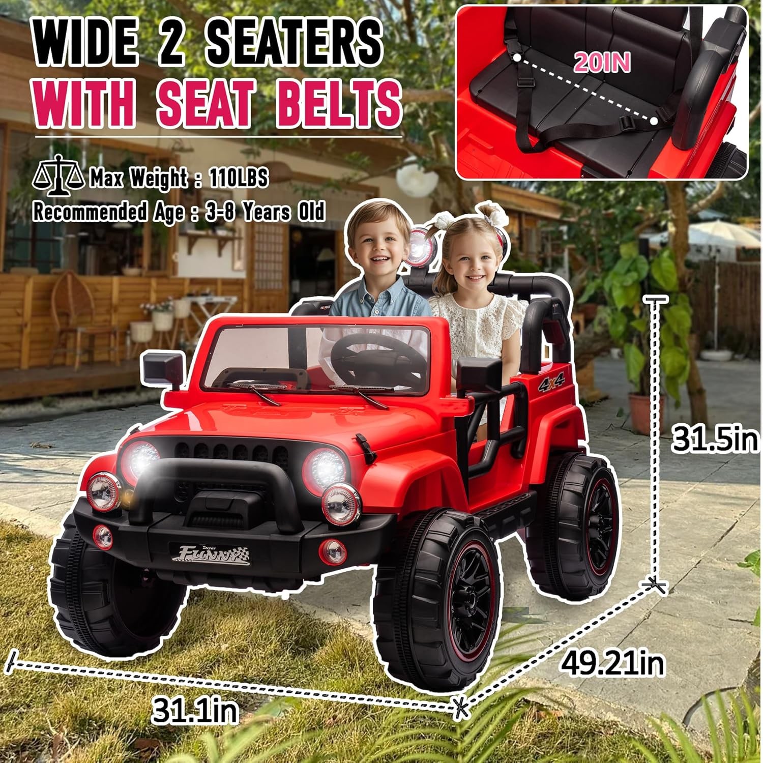24V 2 Seaters Kids Ride on Truck Electric Car Toys with Remote 20in Width Seat