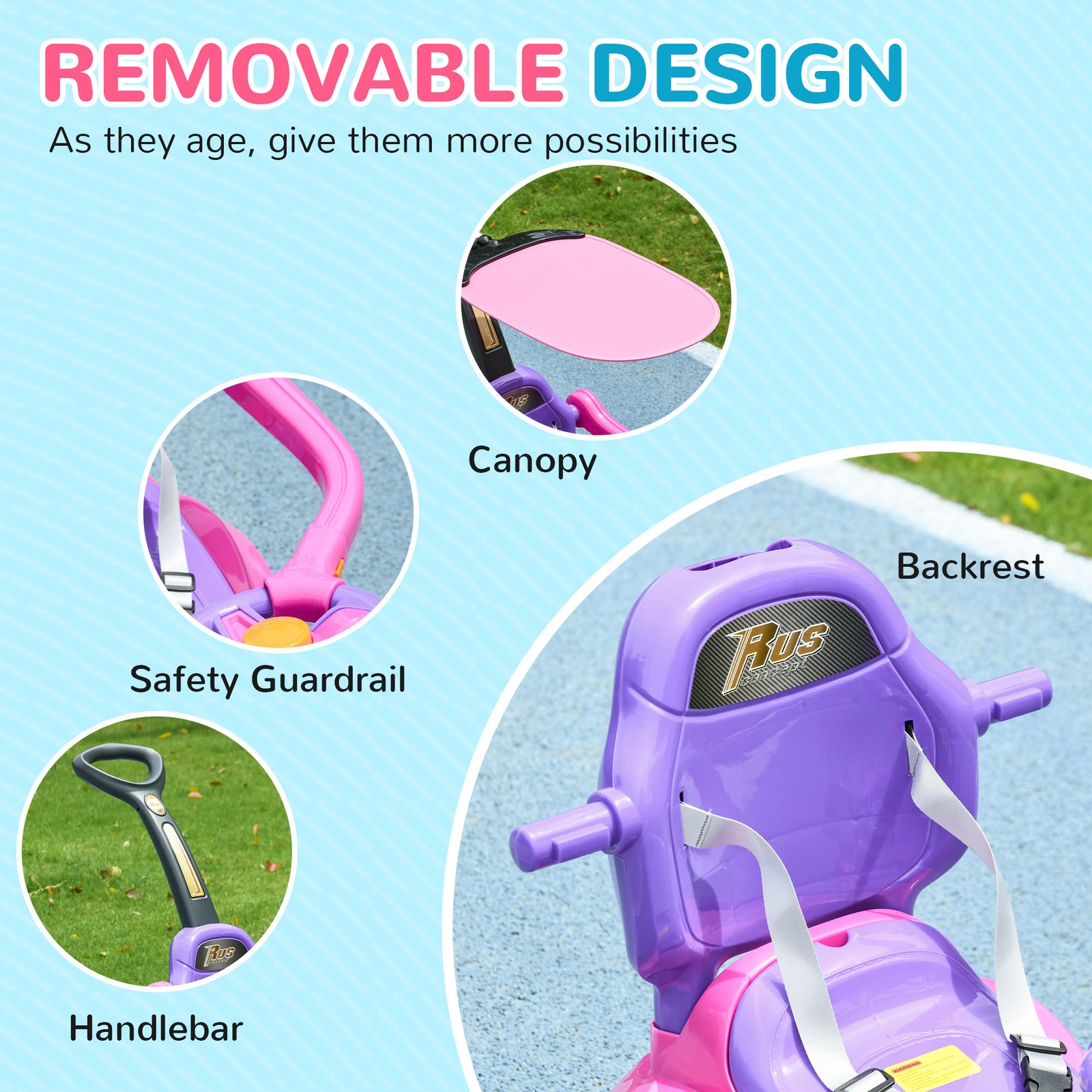 3 in 1 Push Car, Sliding Car with Removable Handle, Music, Horn, Pink
