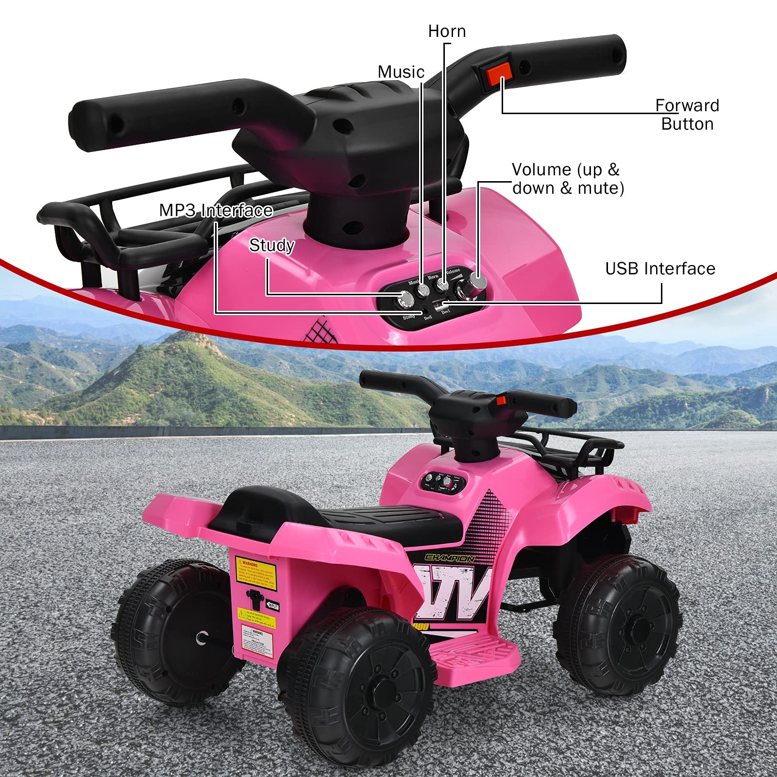 Kids ATV 6V Battery Powered Electric 4 Wheeler Storage Basket Horn Pink
