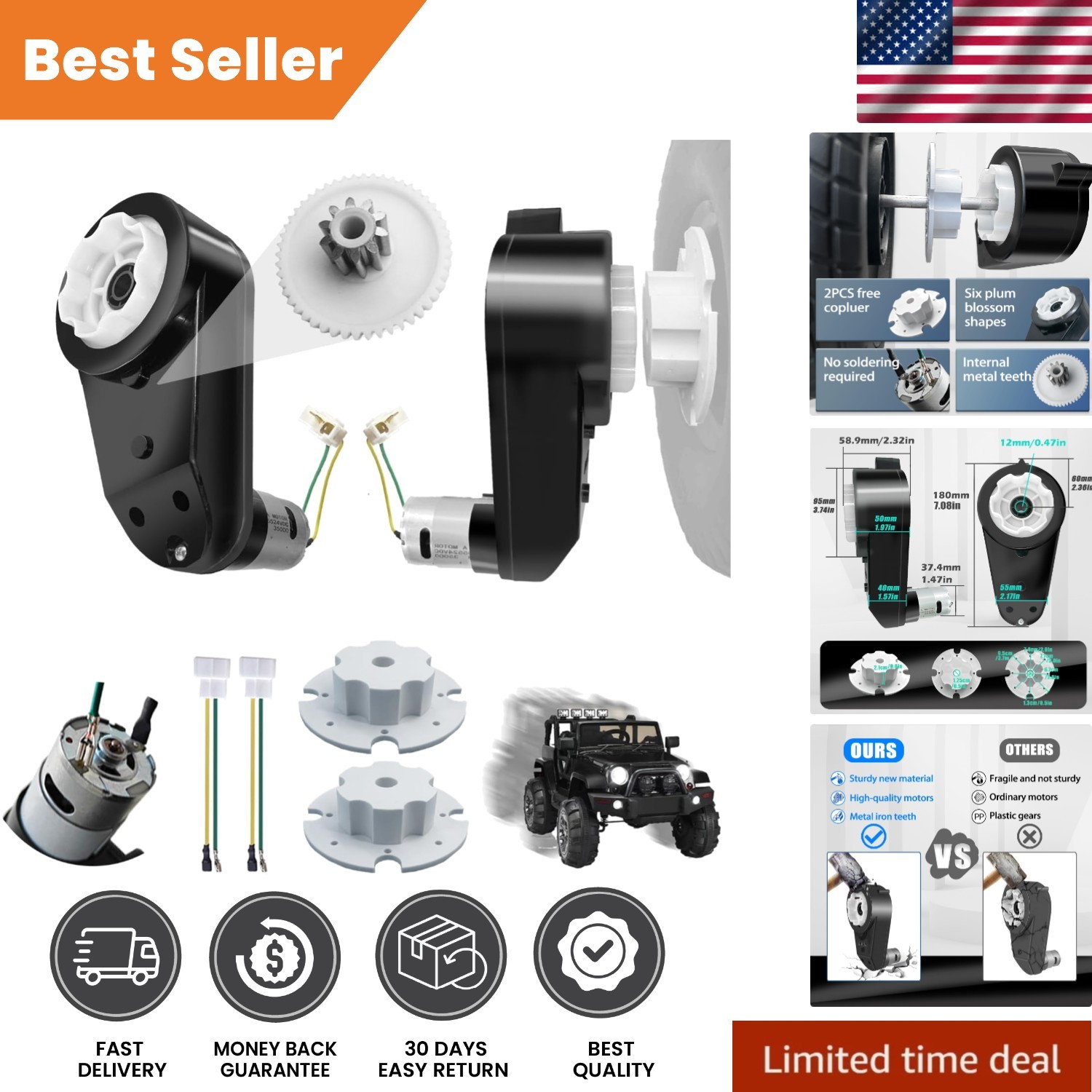 24V High-Speed Motor Gearbox Upgrade Kit for Power Wheels – Durable Steel Gears