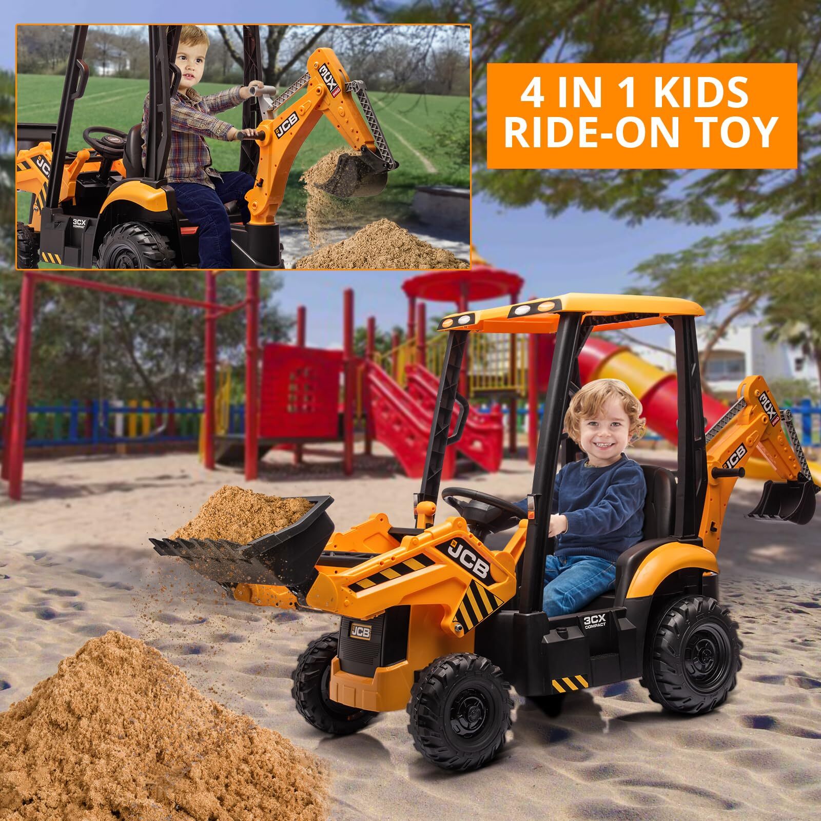 12V Kids Ride On Electric Vehicle Toy 4-in-1 Excavator & Bulldozer w/ Remote