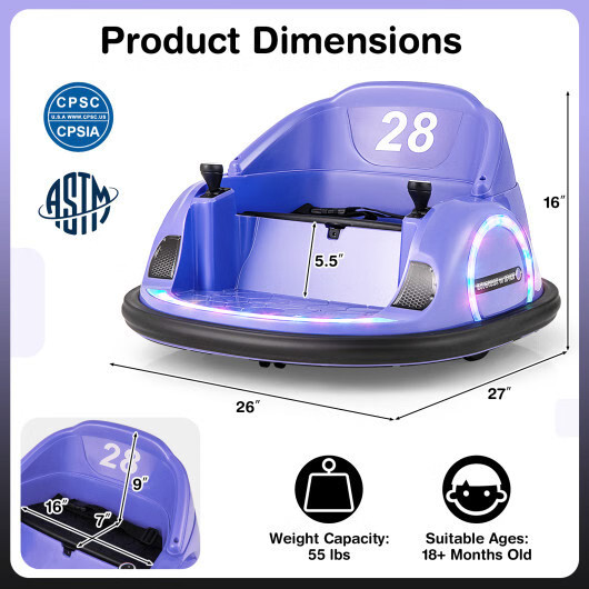 12V 360° Ride on Bumper Car for Toddlers with Remote Control-Purple – Color: Pur