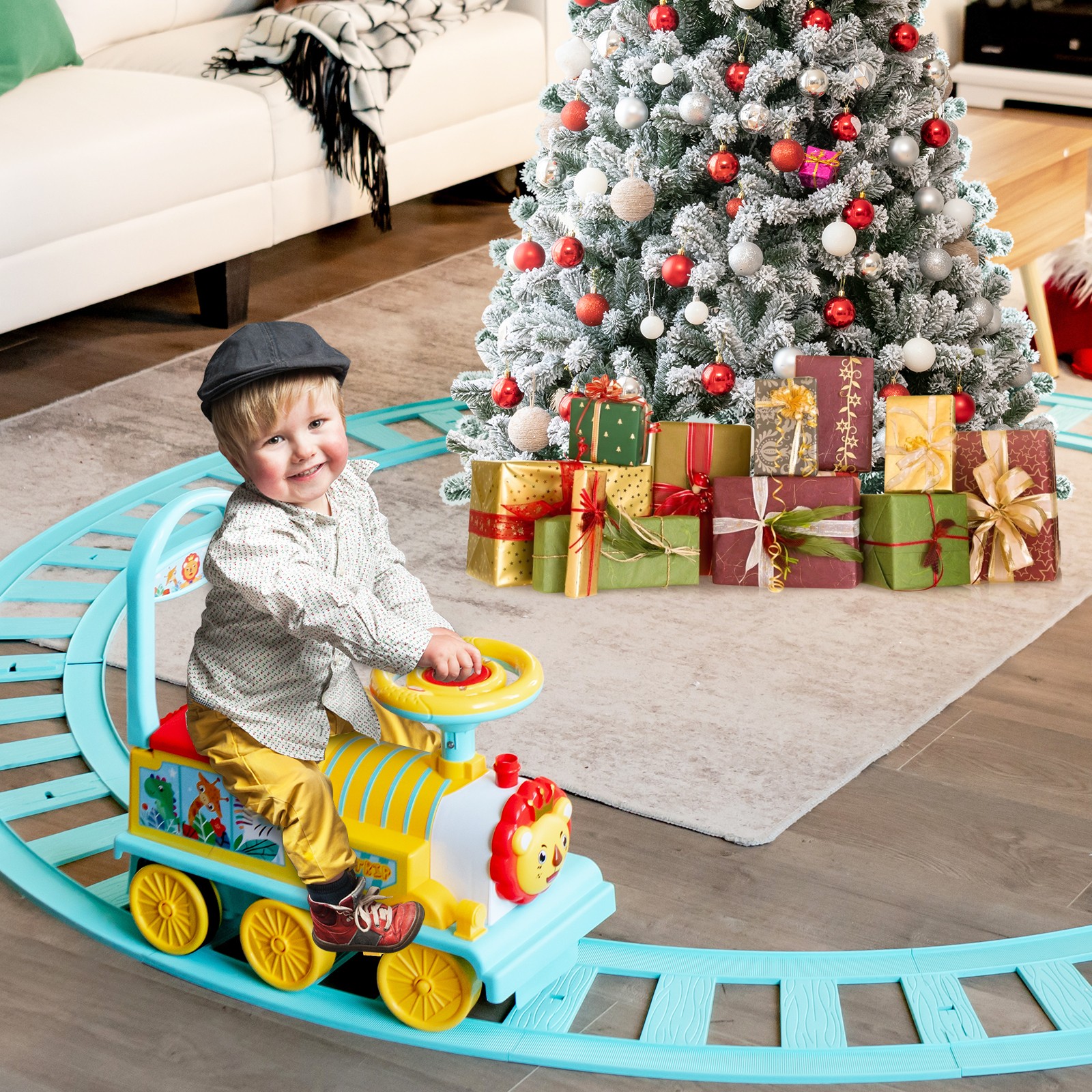 6V Electric Kids Ride On Train w/ 16 Curved Tracks & 6 Stable Wheels Blue
