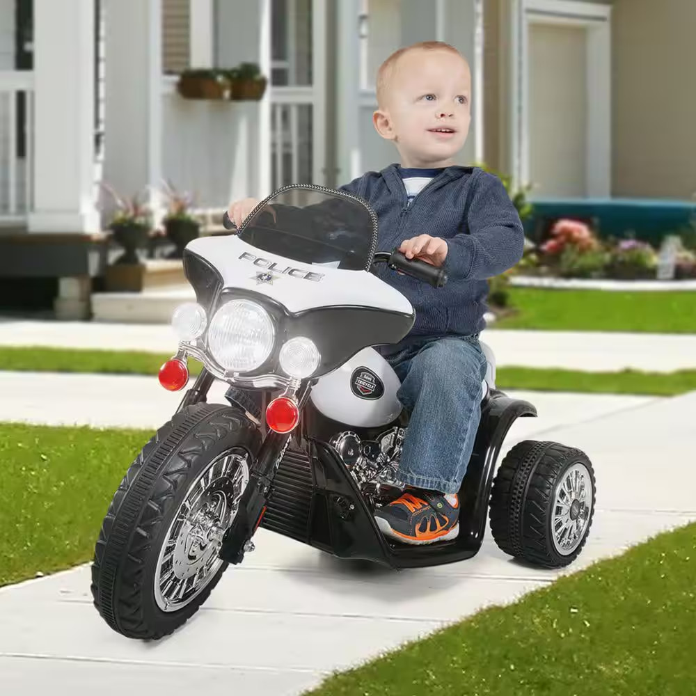 3-Wheel Battery Powered Ride on Toy Motorcycle Police Chopper in Black