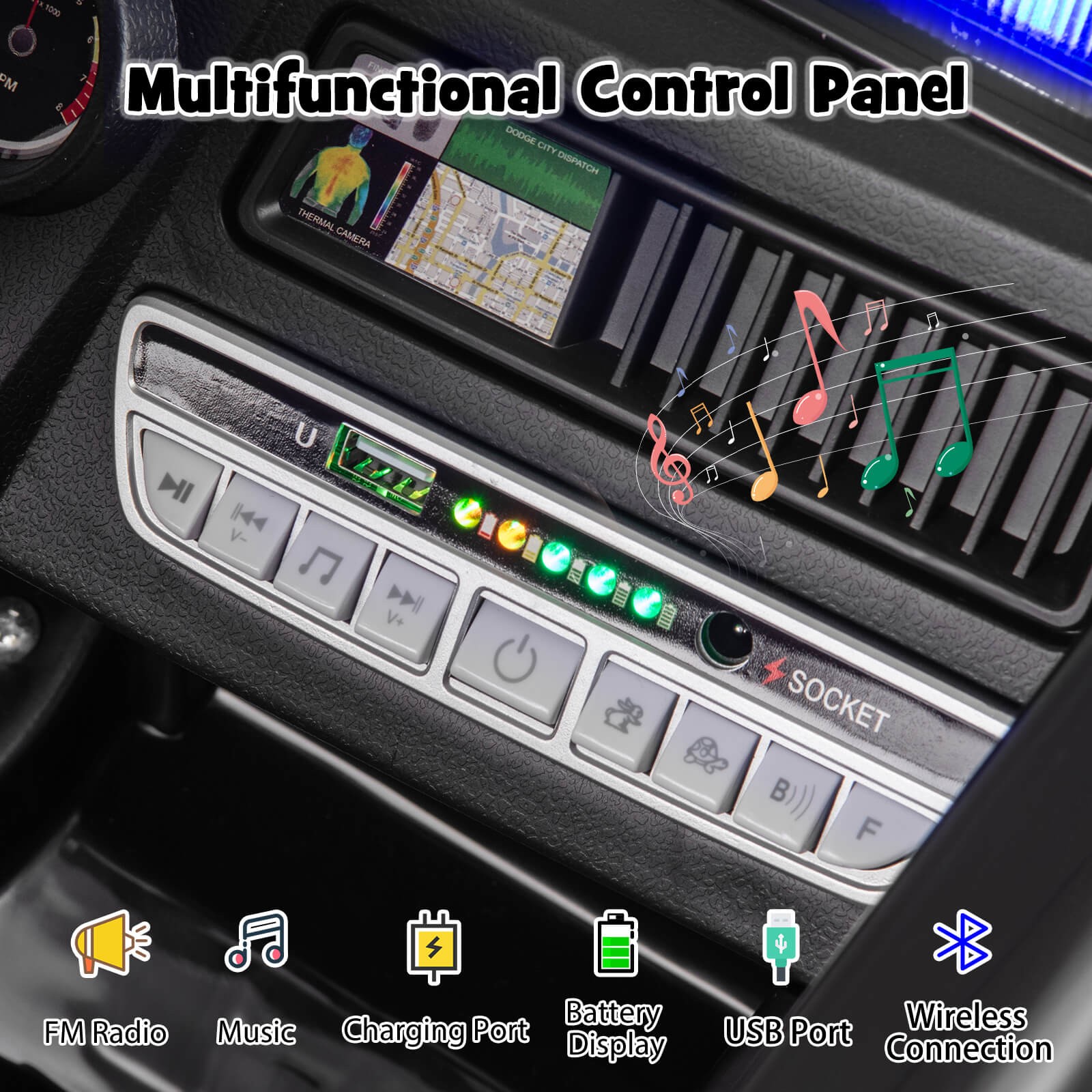 Kids Ride on Police Car w/ 3 Speeds Megaphone Music FM Radio Flashing Lights