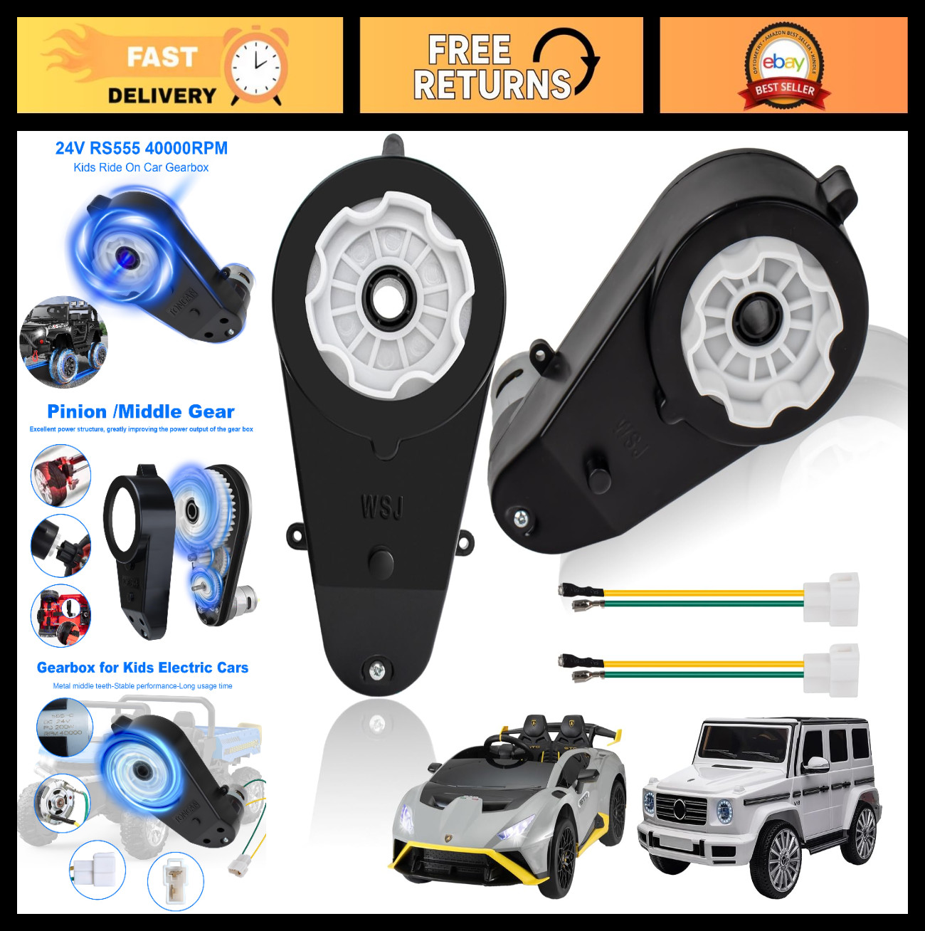 2Pcs 24V Gearbox Motor Upgrade for Kids Ride-On Cars, 40000RPM Replacement Parts