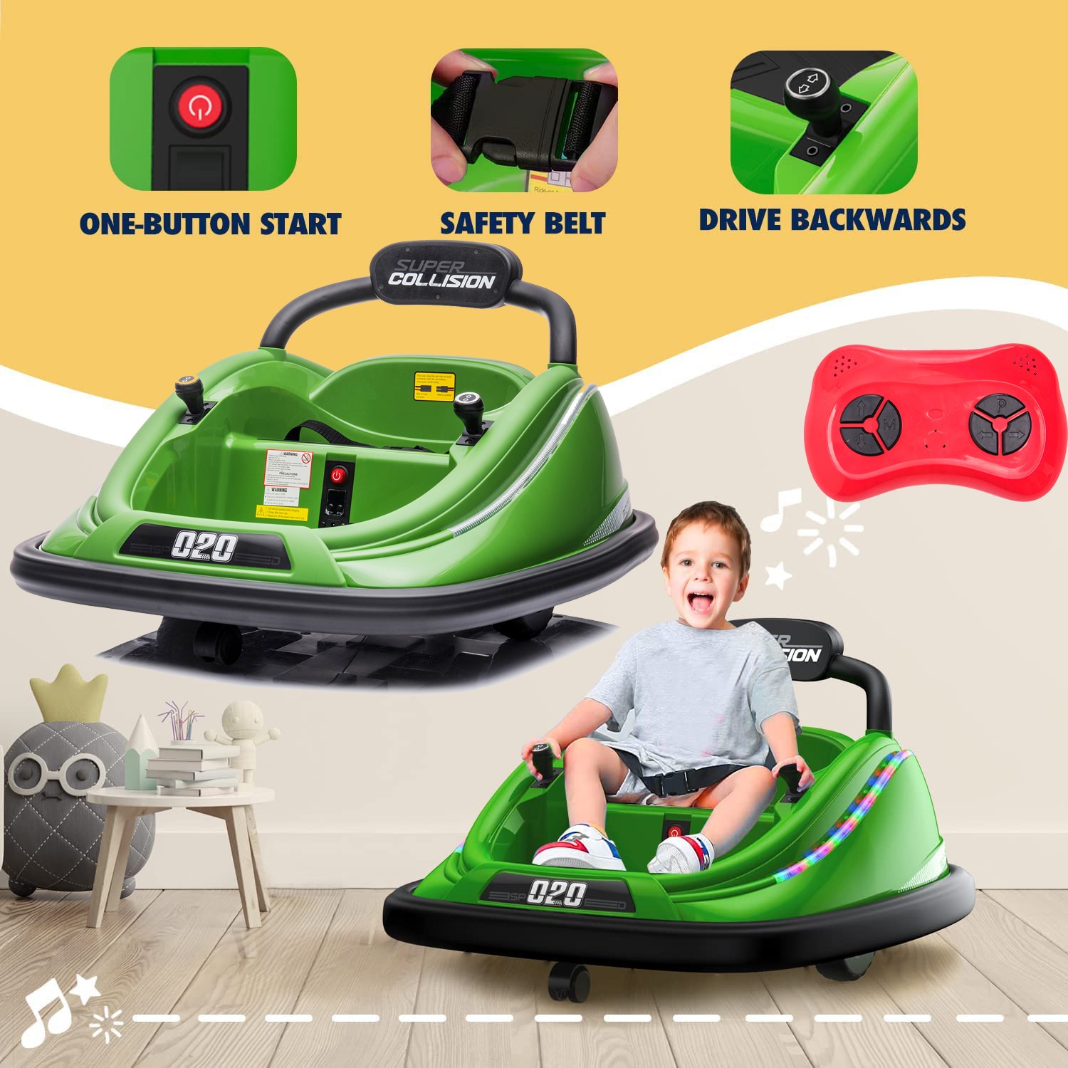 12V Electric Bumper Car for Kids wtih Remote Control, 360° Spin, LED Lights