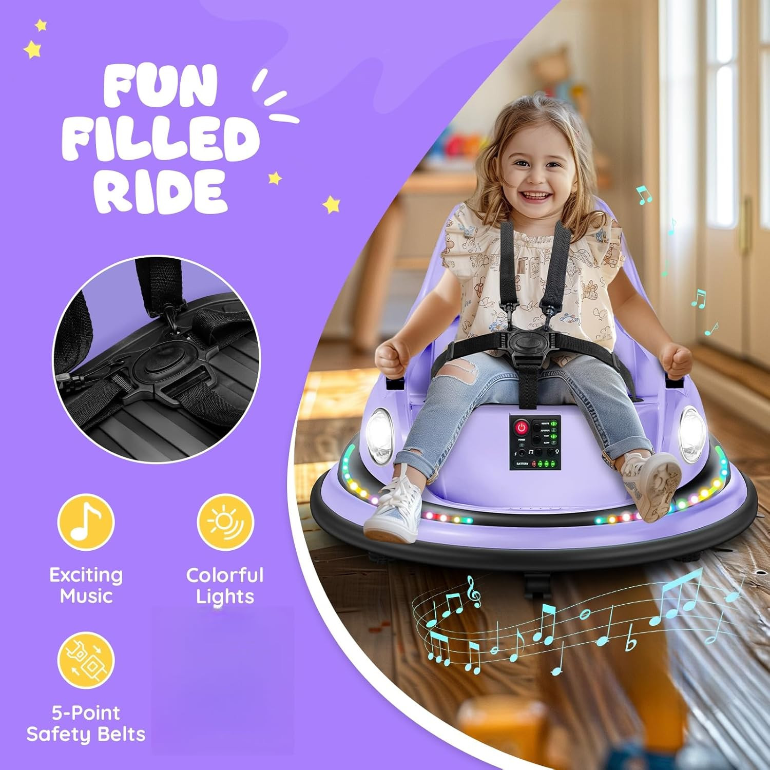 Lavender 12V Kids Bumper Car with Remote, 360° Spin, LED Lights & Music