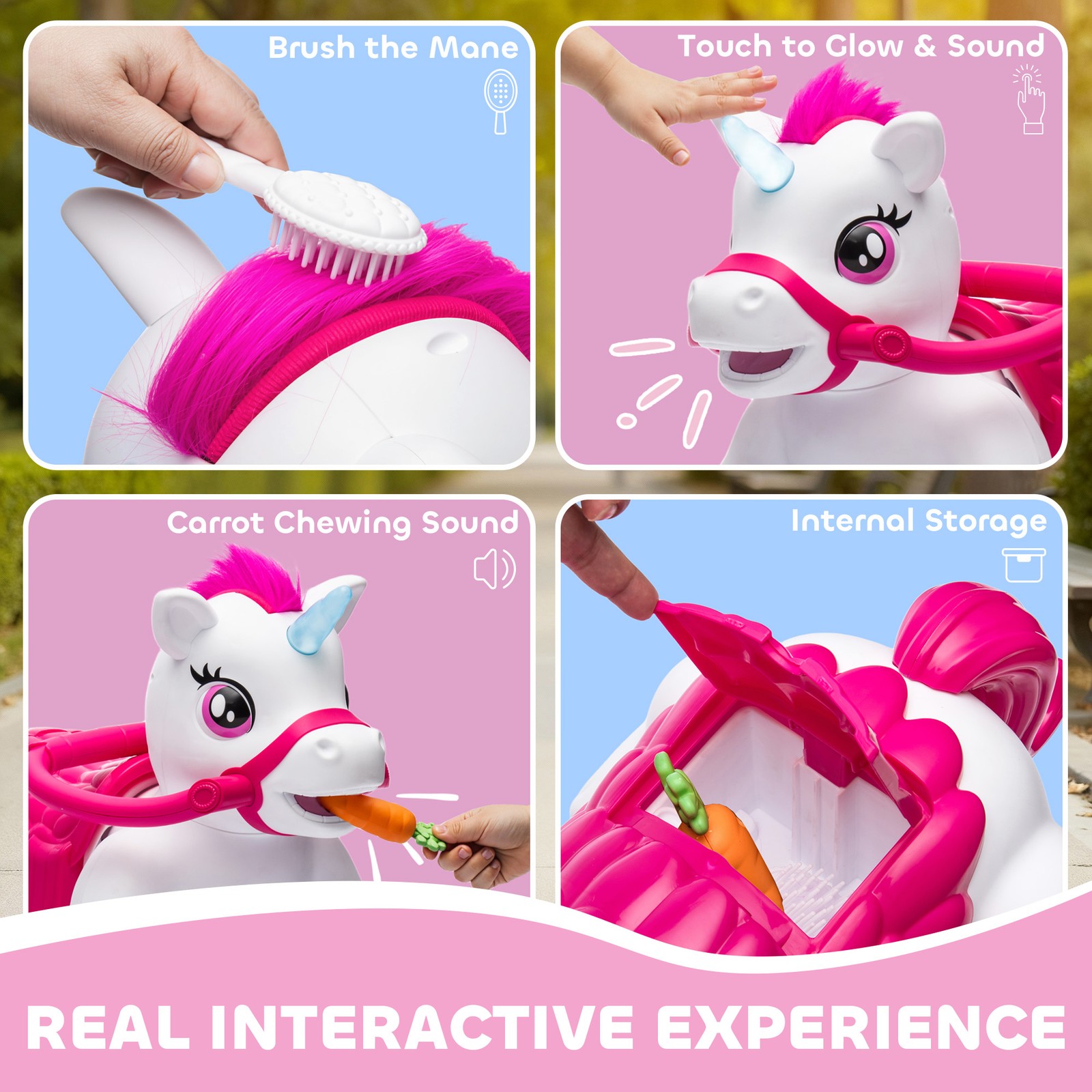 12V Ride on Horse, Ride on Toy with Carrot Toy, Comb, Animal Sounds